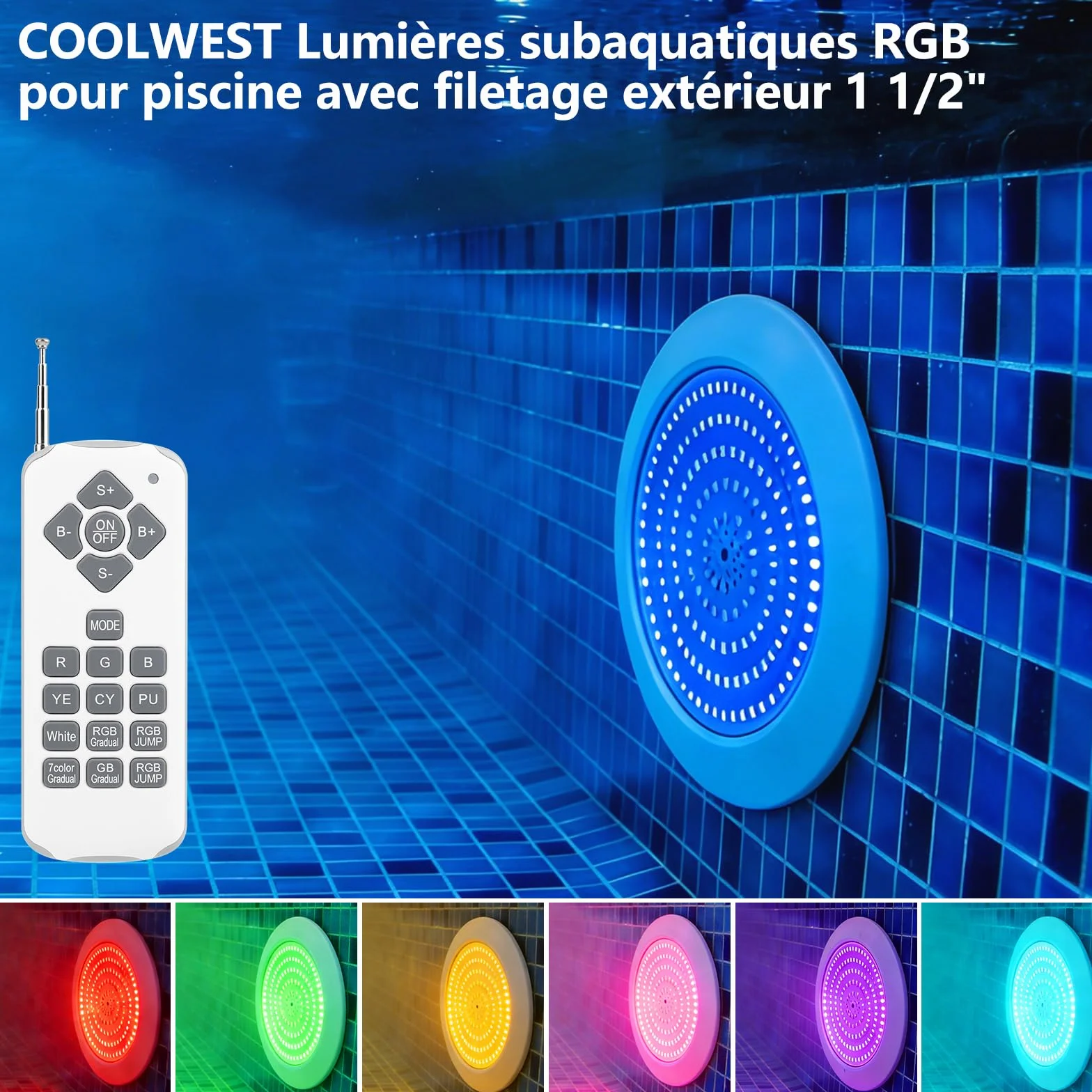 COOLWEST Projecteur Piscine LED RGB 25W 12V AC/DC IP68 Ø180mm Filetage 1 1/2"