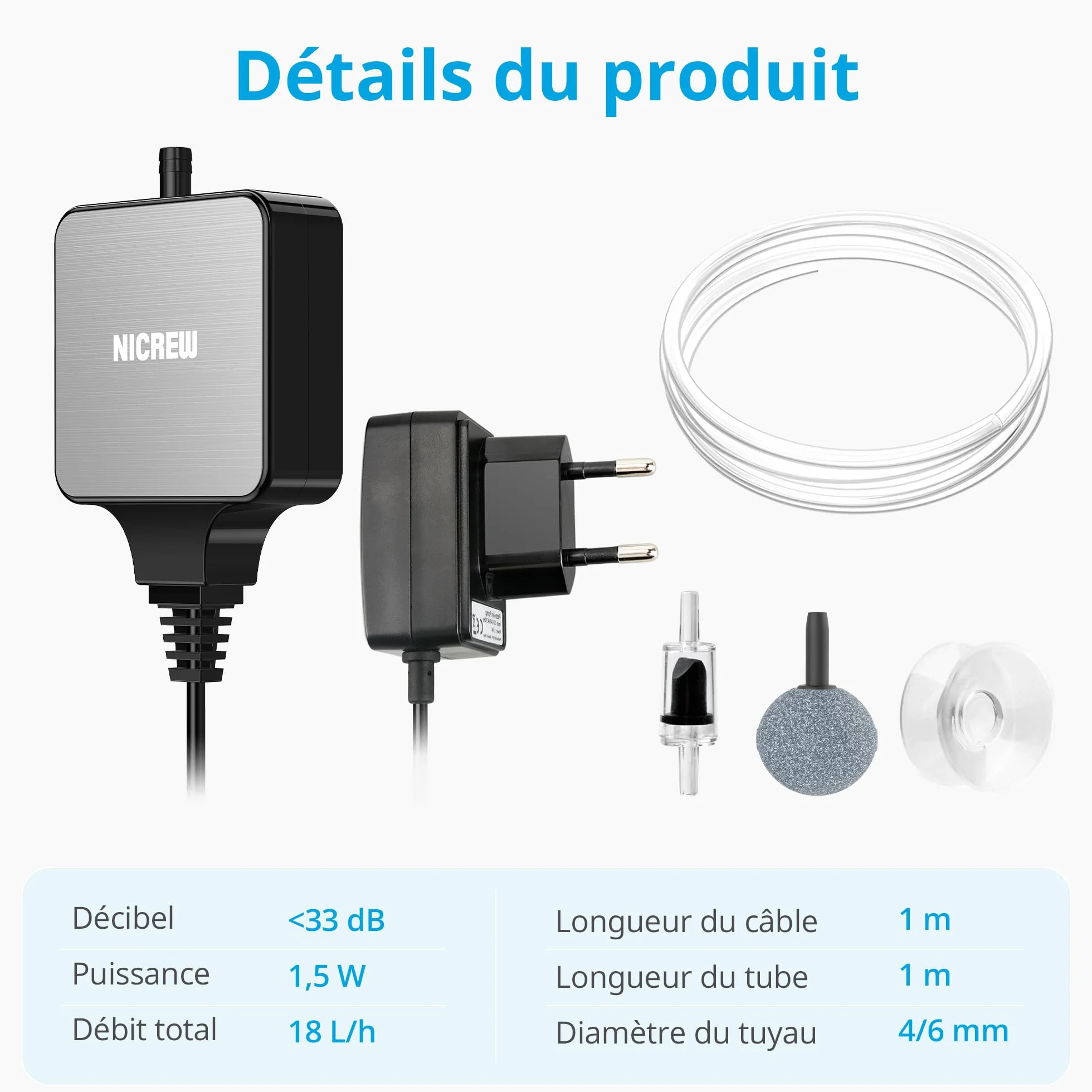 NICREW Bulleur Aquarium Ultra-Silencieux 33 DB, Pompe à Air Nano Silent Mini 40L, 18 L/H, 1,5W