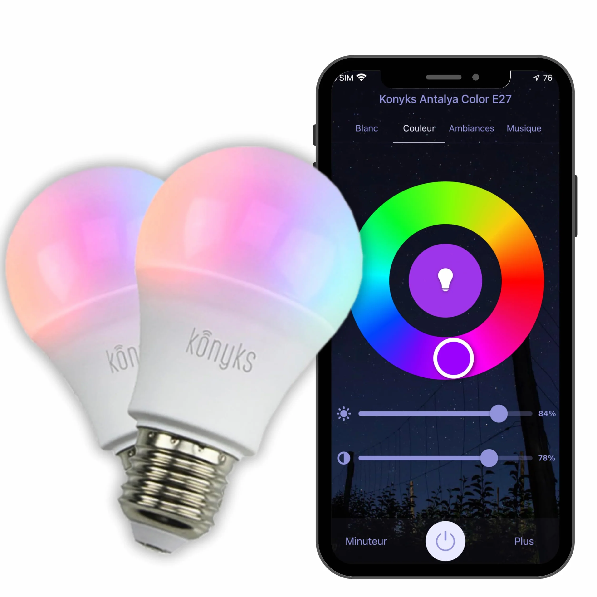 Ampoules connectées Konyks Antalya Easy E27 LED Wi-Fi + BT, 1050 Lumens, Couleurs + Blanc réglable, Compatible Alexa Google Home
