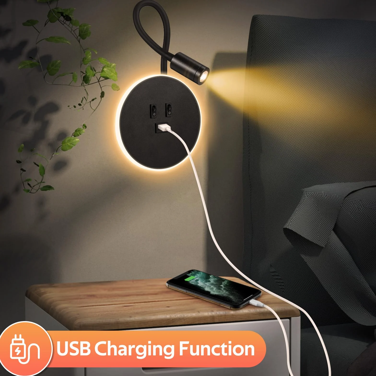 Applique Murale Interieur LED, Liseuse de Chevet avec Interrupteur, Port USB, Rotation 360°, 3000K Lampe de Lecture pour Chambre, Salon
