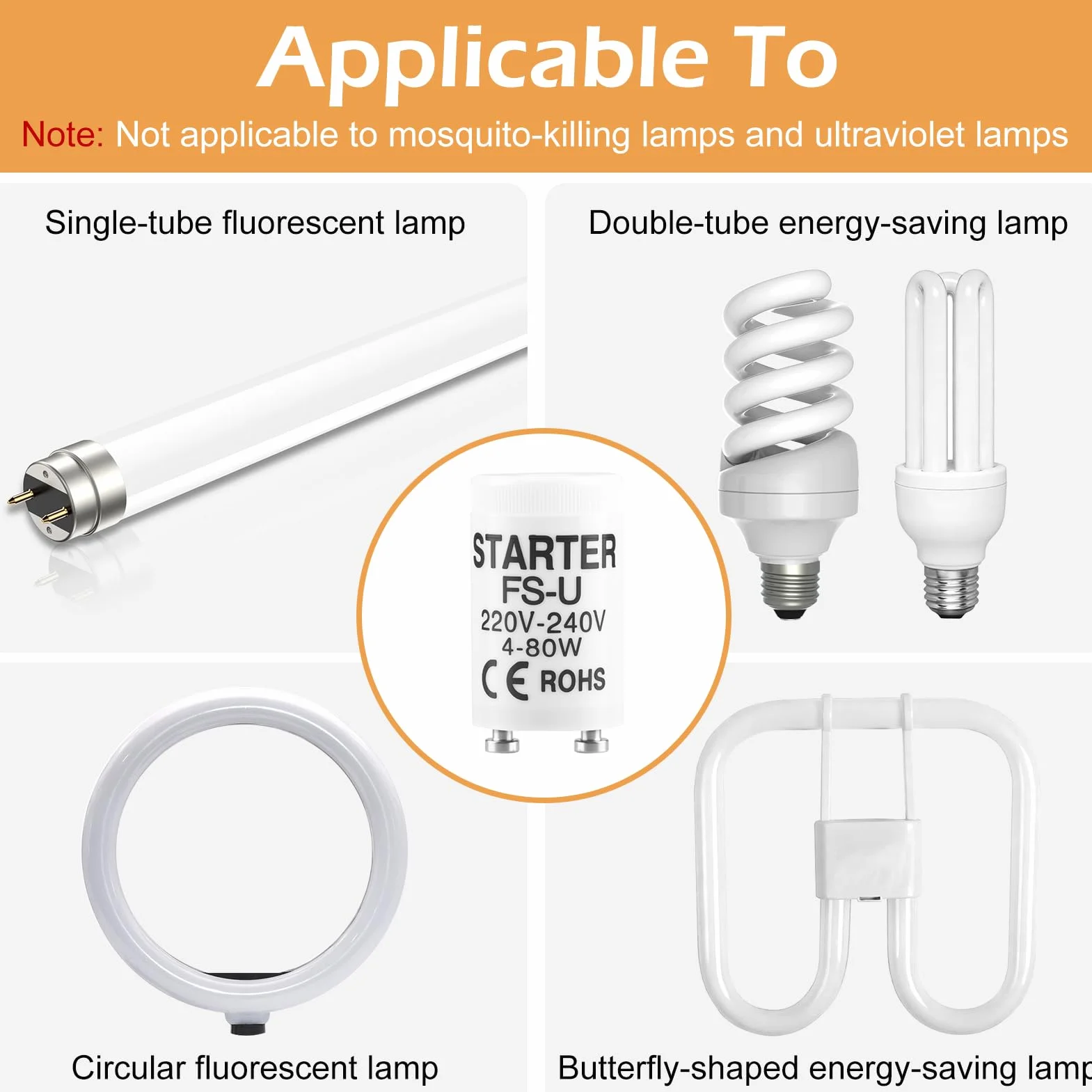 Starter Neon 4-80W 220-240V Tubes Fluorescents Démarreur Universel pour Lampes UVC