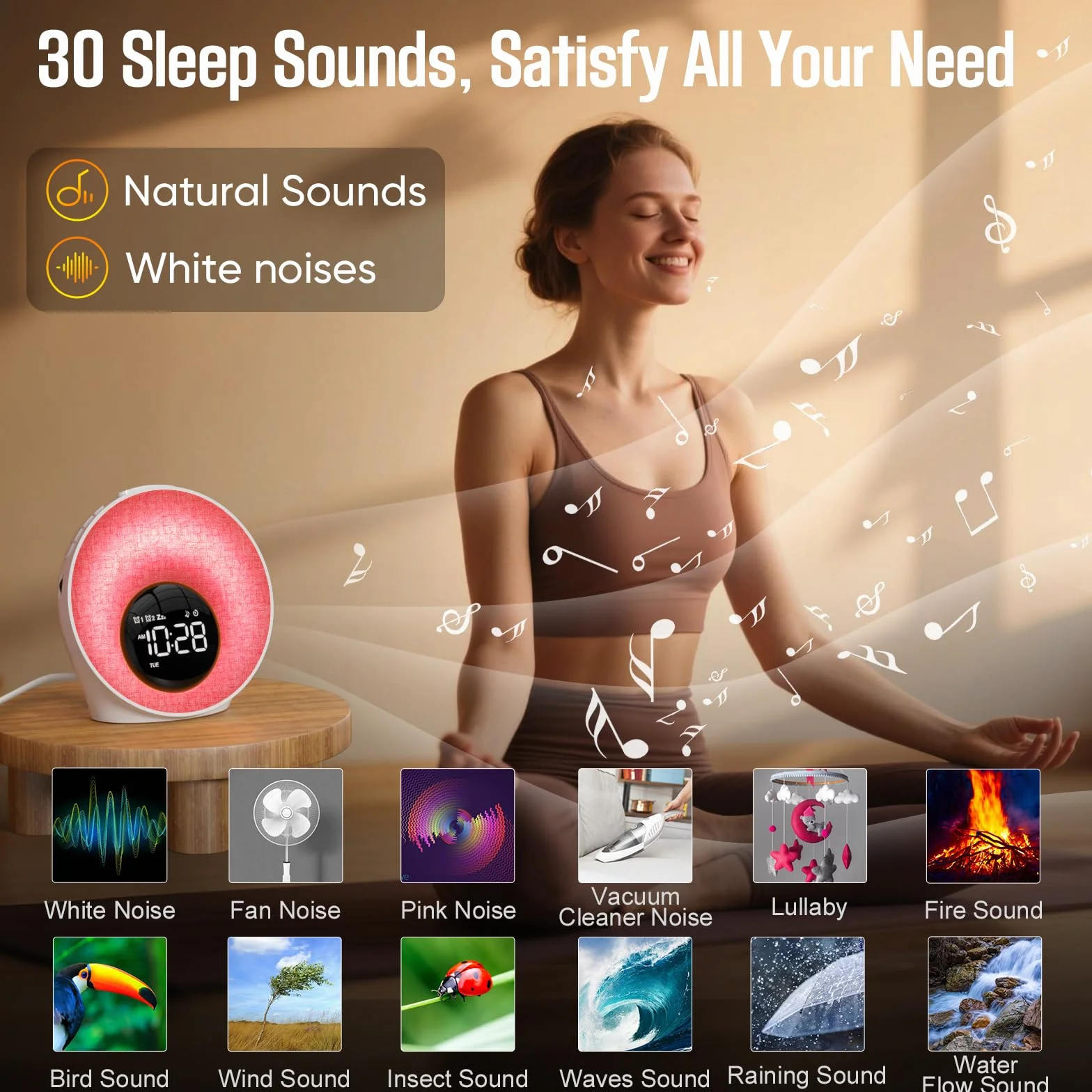 Réveil Lumineux Simulateur d'Aube avec 7 Sonneries, 30 Sons Naturels, 20 Niveaux de Luminosité, 13 Couleurs pour Enfant/Adulte