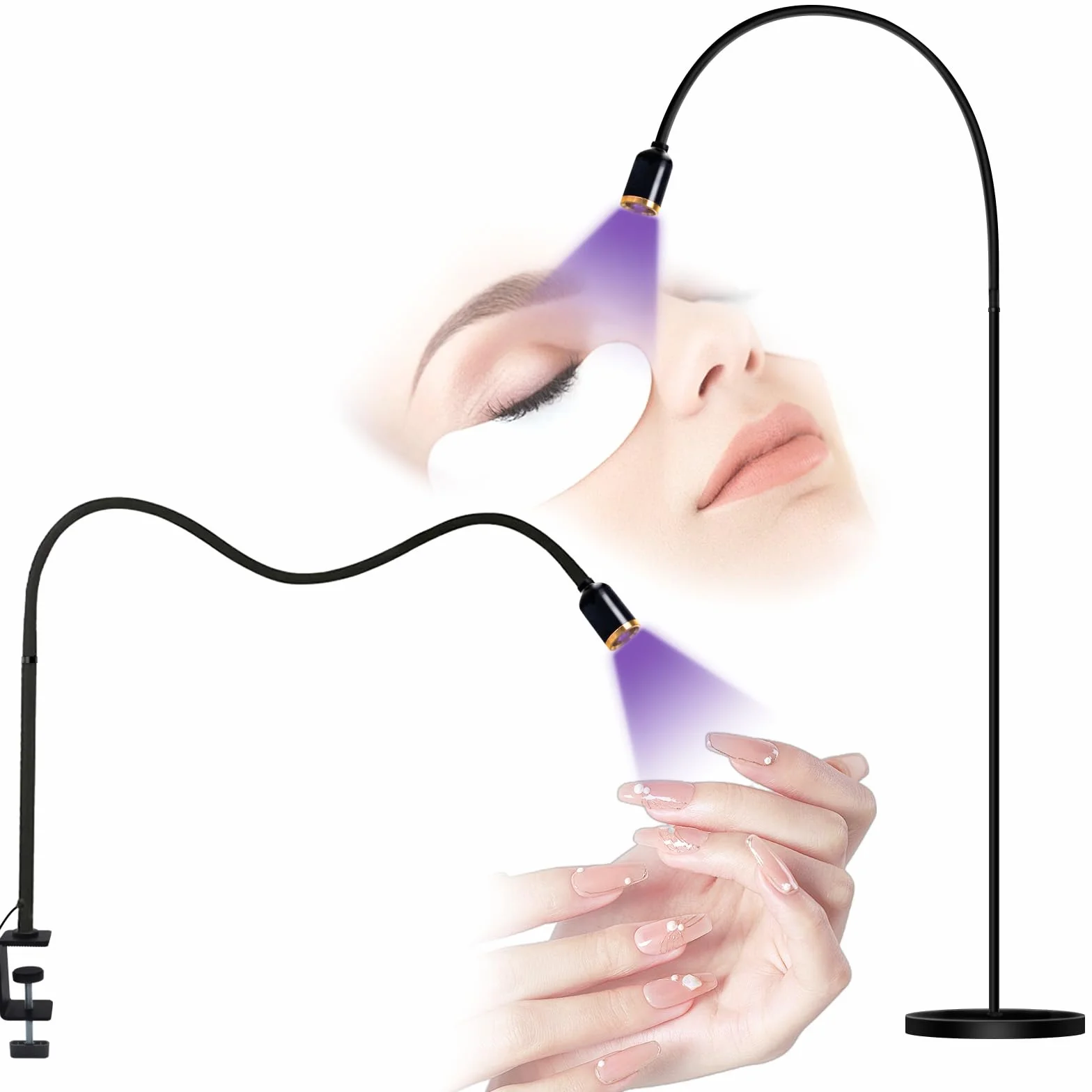 Lampe UV à Cils 10W 2 en 1 avec Interrupteur à Pédale, Durcissement Rapide 2-3 Secondes, Col de Cygne Flexible 360°, Taille de Spot Réglable Noir