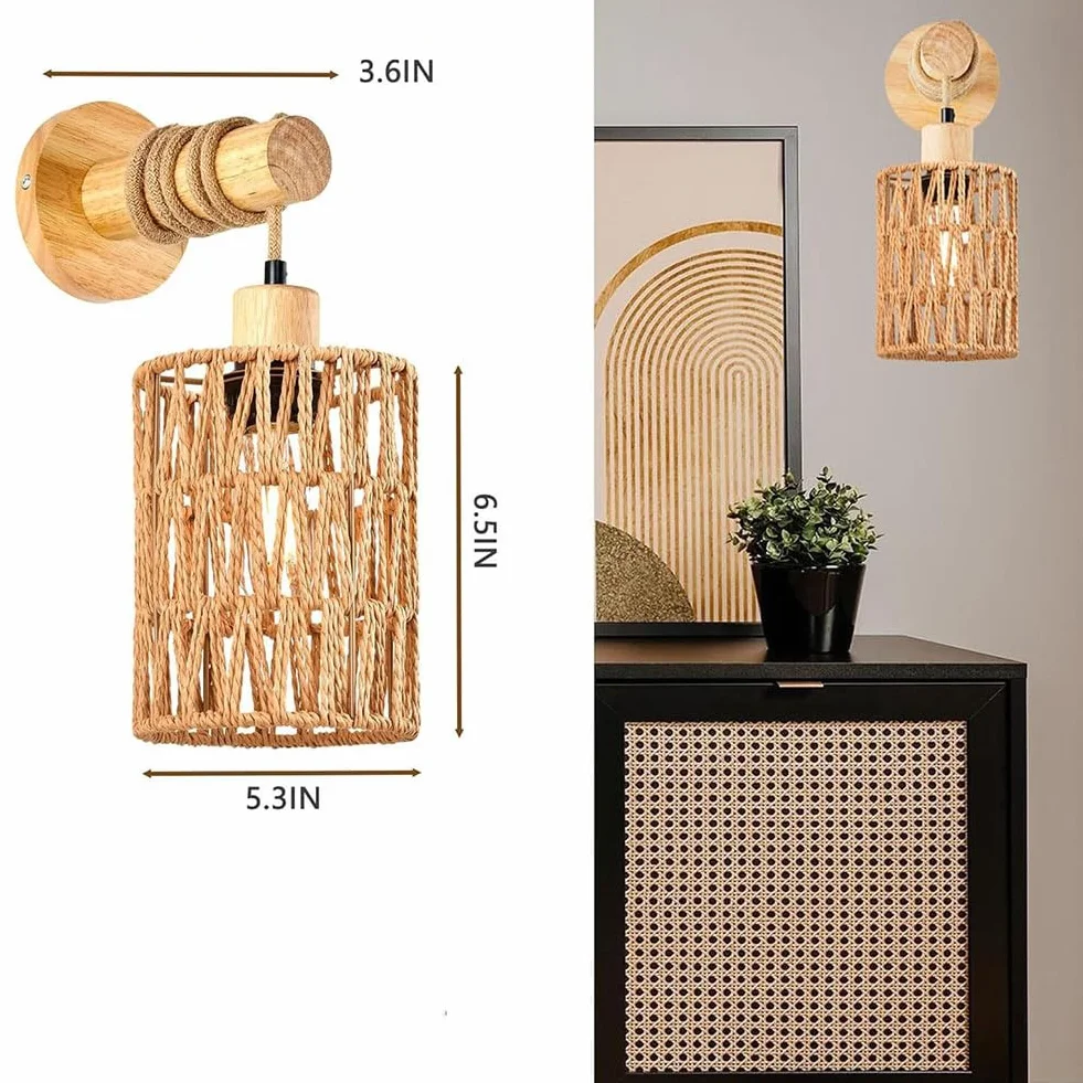 Lampe Murale en Rotin Tressé, Design Corde Cylindrique, Éclairage Décoratif Chambre, 1 Pièce