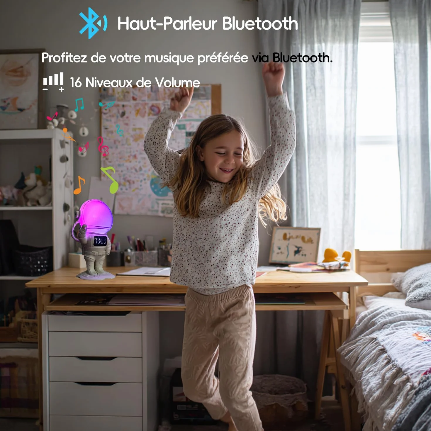 Réveil simulateur d'aube Bluetooth 7 Sonneries 21 Sons de Sommeil 22 Couleurs lumière Astronaute Enfant