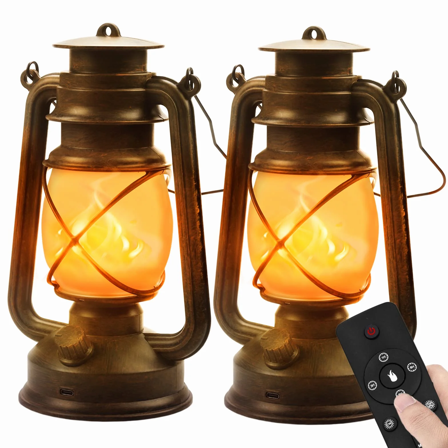 Lanterne LED Extérieure Vintage Jardin avec Télécommande 4 Modes Sans Fil Effet Flammes 2 Pack