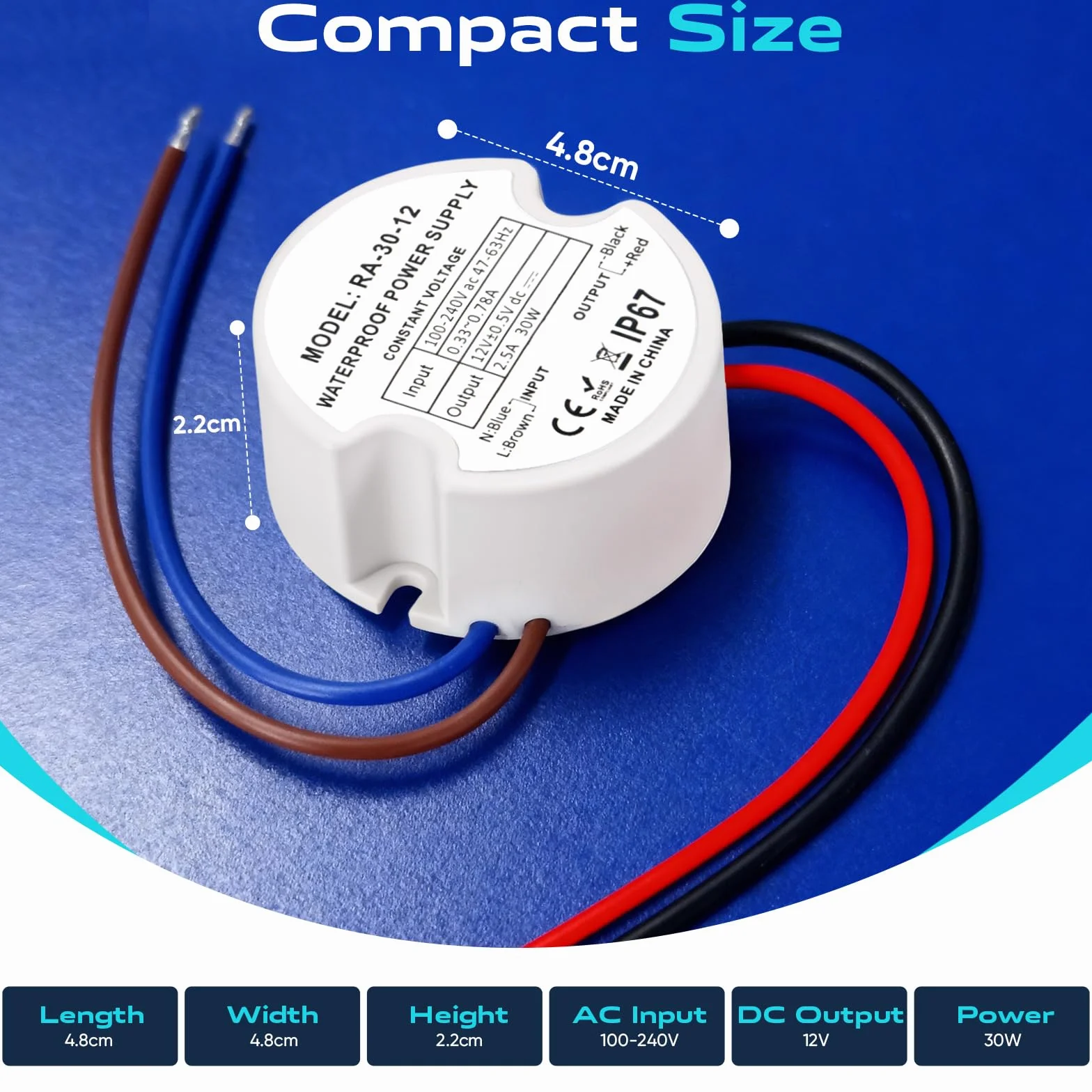 Transformateur LED 12V 30W 2.5A IP67 Étanche Alimentation Rond Ø48mm avec 2 Connecteurs