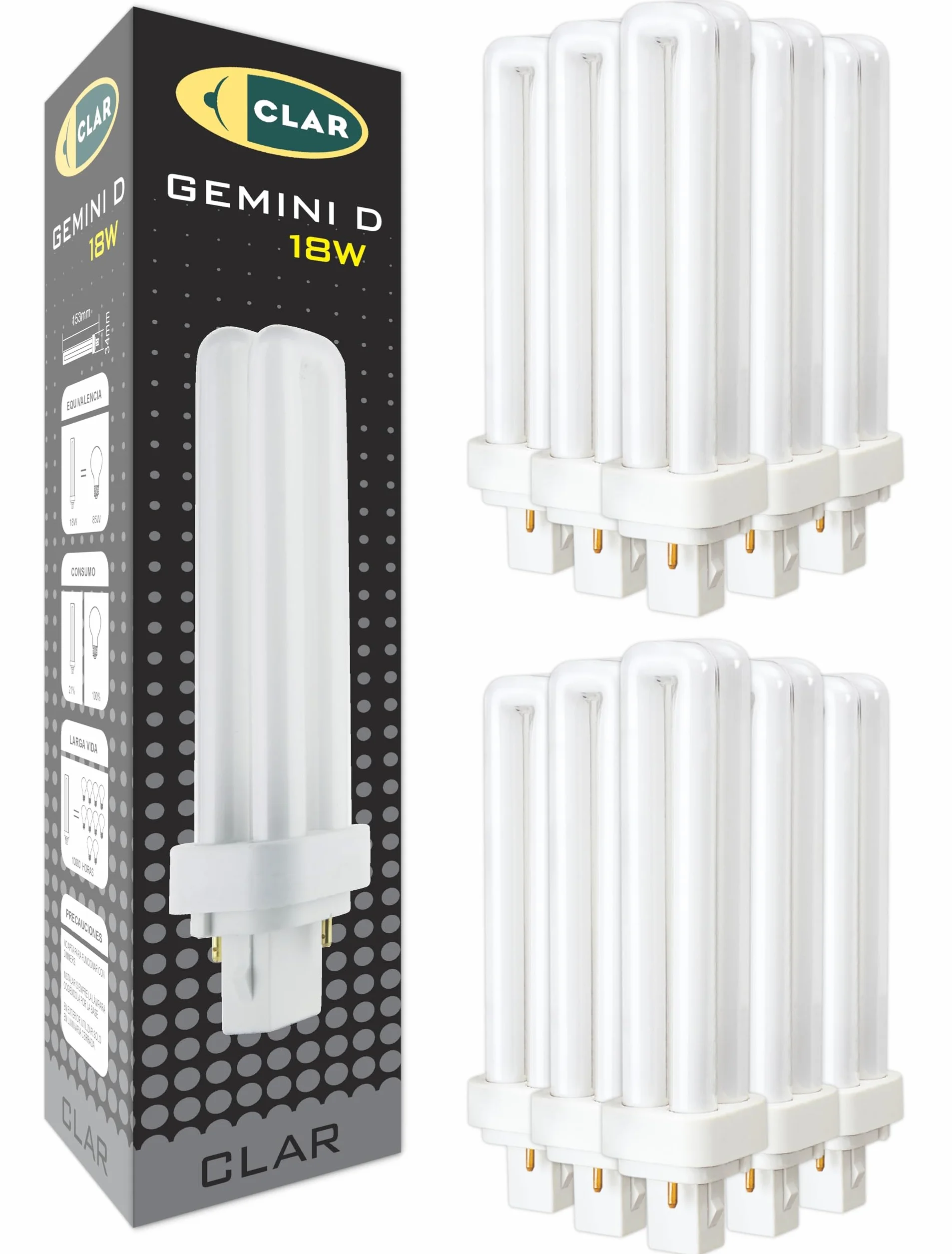 CLAR Ampoule Fluorescente Gemini D 18W 4000K G24d-2 2 Broches Lumière Blanche Neutre CFL Tube Compact Éclairage Intérieur