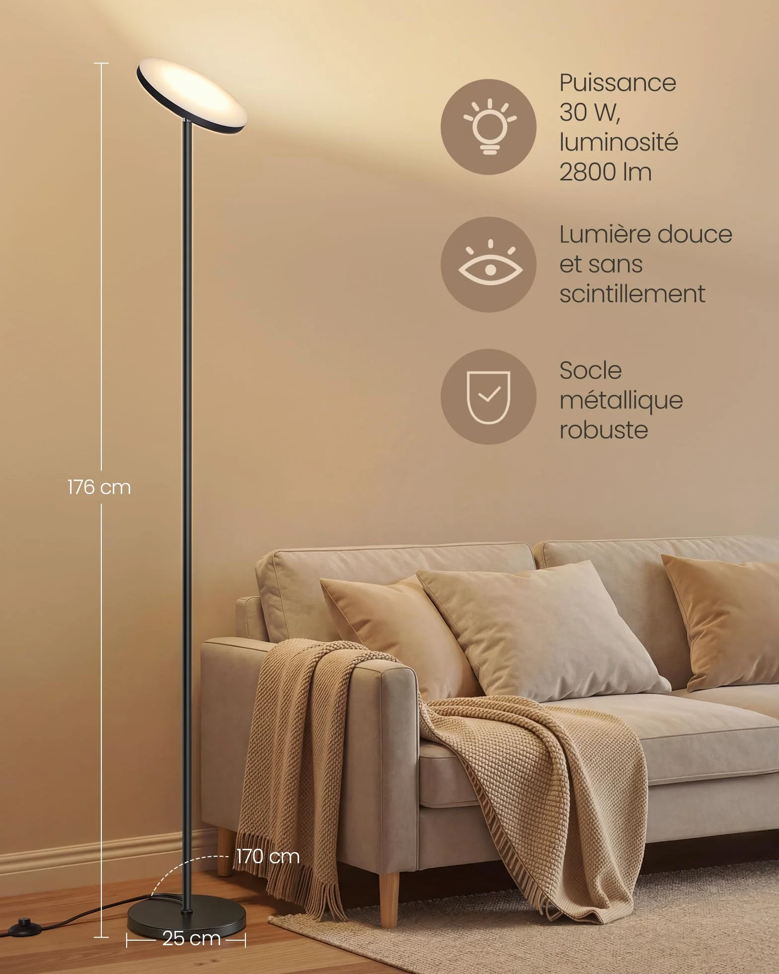 VASAGLE Lampadaire LED 30 W Tête Orientable Noir Mat avec Télécommande