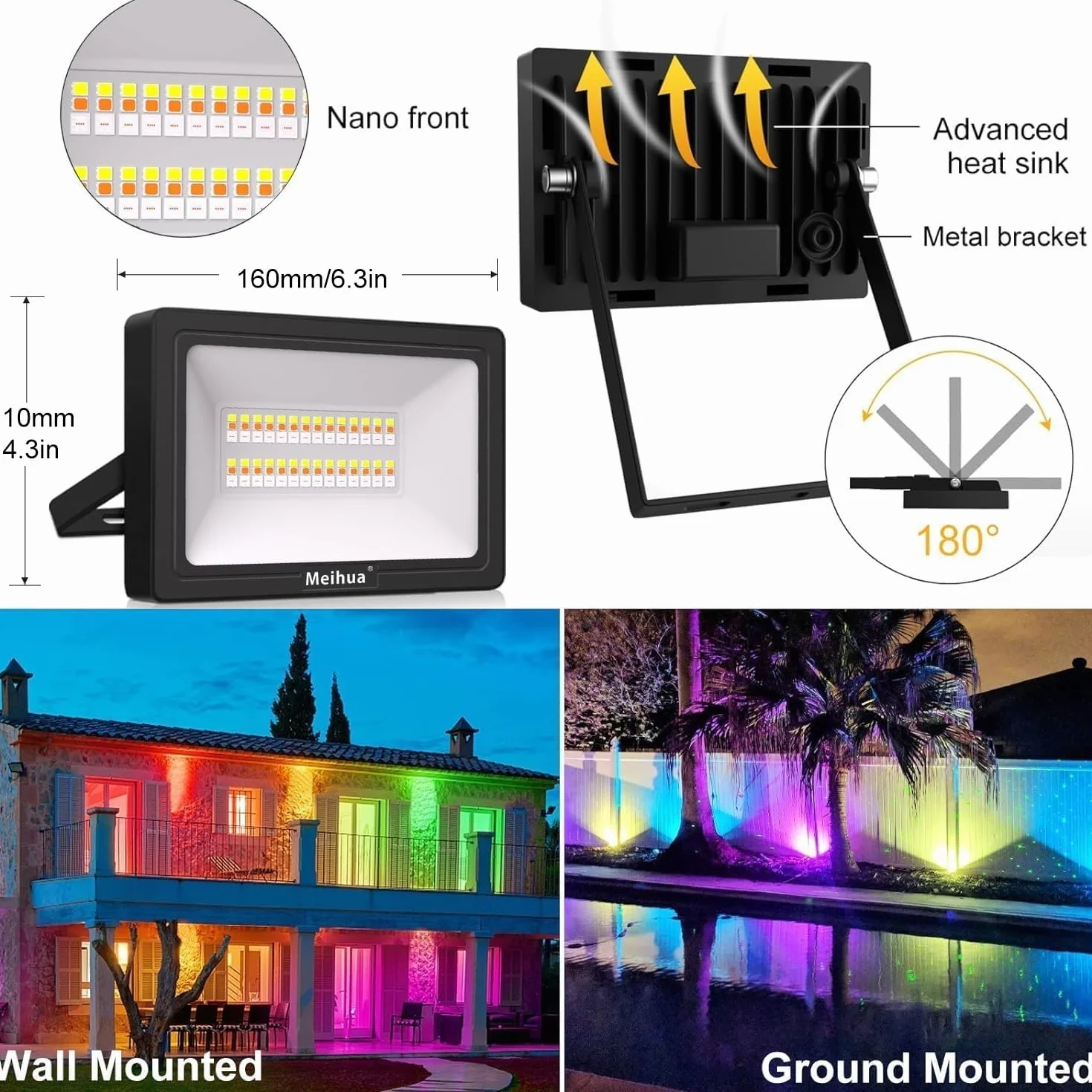 MEIHUA Projecteur RGB Exterieur 35W IP66 Étanche Spot LED 12 Modes 10 Couleurs 360° RF Telecommande