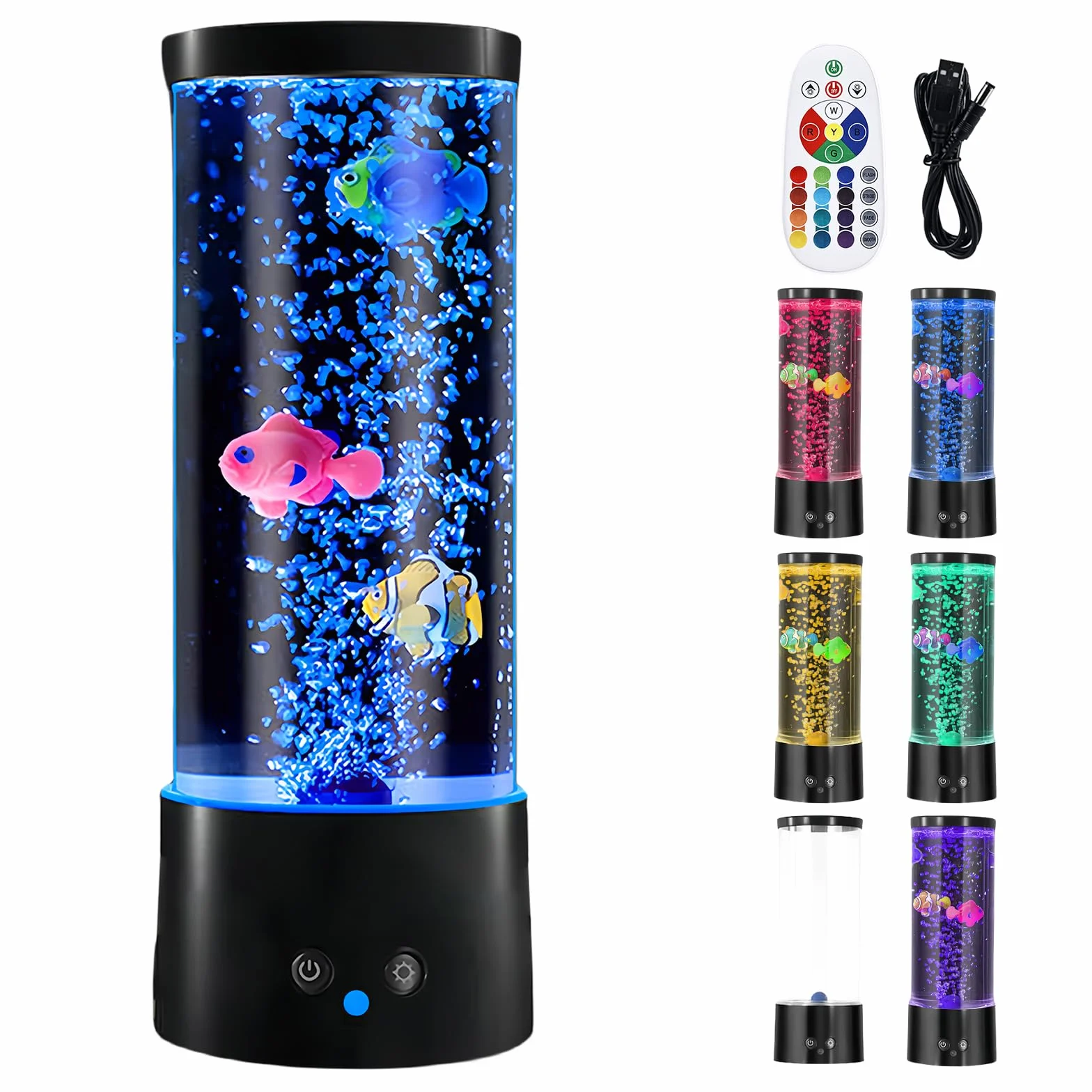 Lampe à lave à bulles avec poisson, télécommande, 16 couleurs, 4 modes, ambiance aquarium, câble USB