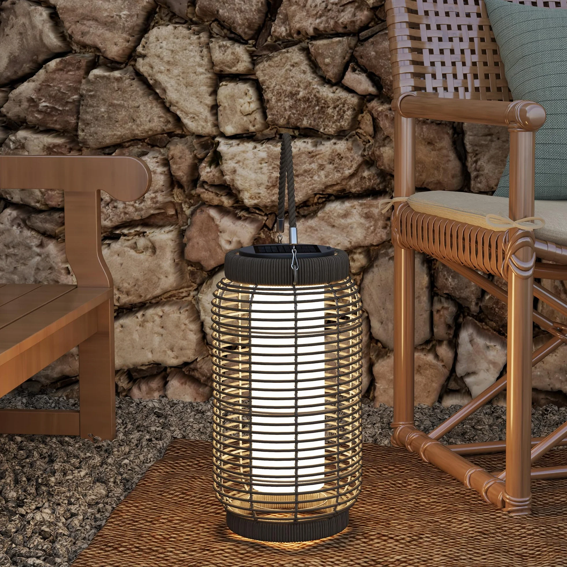 Outsunny Lampadaire d'extérieur solaire LED en résine tressée acier Ø18 x 37 cm gris