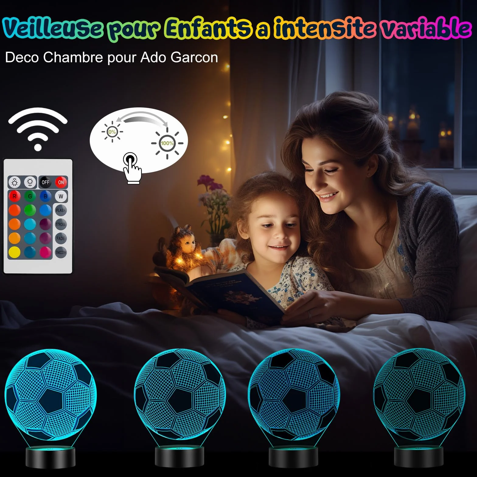 Linkax Veilleuse Enfant Foot Football 3D Illusion Lampe de Chevet LED 16 Couleurs Télécommande Cadeau Garçon 7-12 Ans