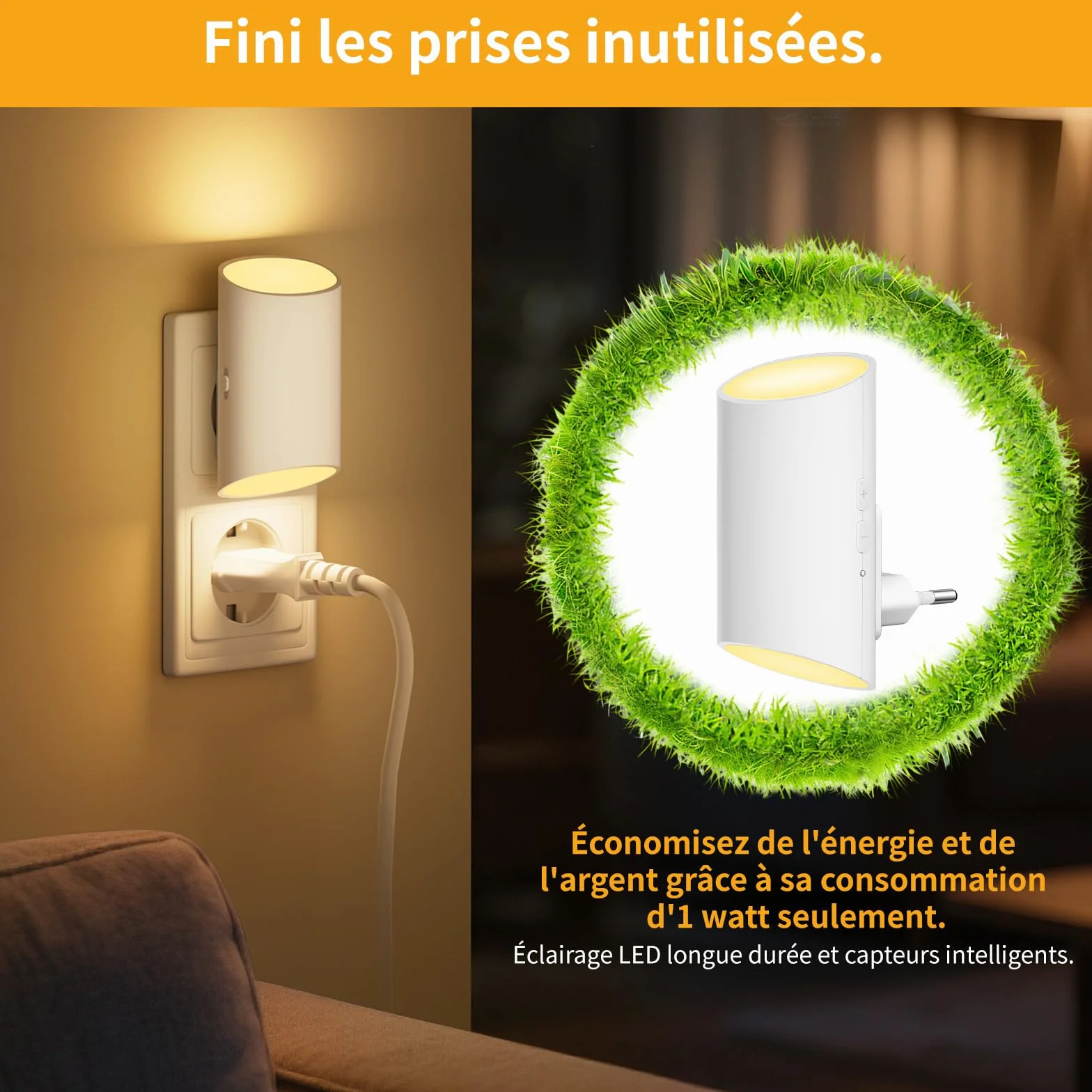 Veilleuse Enfant 2 Pcs Prise Electrique Détecteur Mouvement Capteur Lumière Blanche Chaude Intensité Variable 1-100 lm