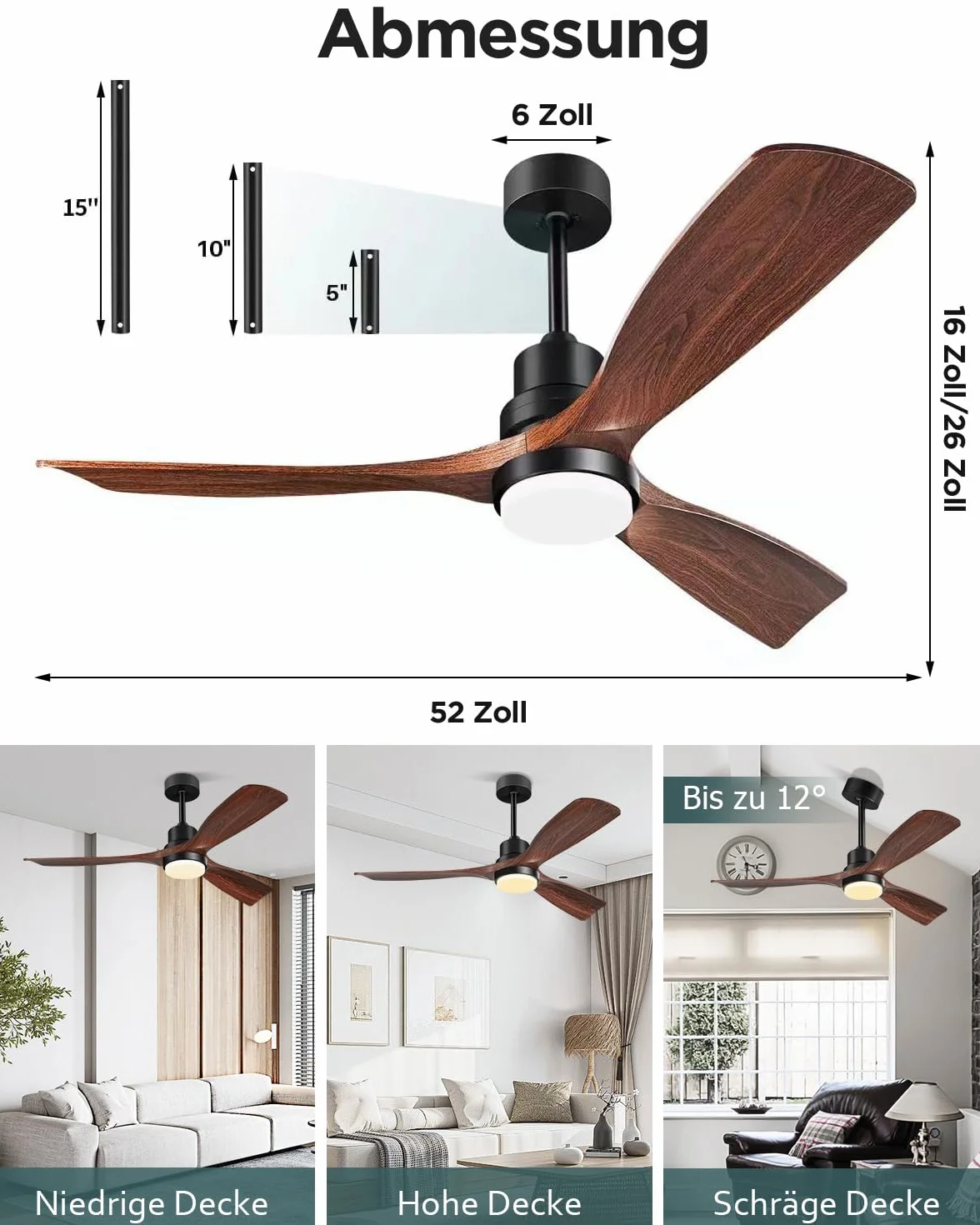 Ventilateur de plafond 132 cm avec lumière télécommande moteur DC réversible silencieux 3 pales bois design moderne