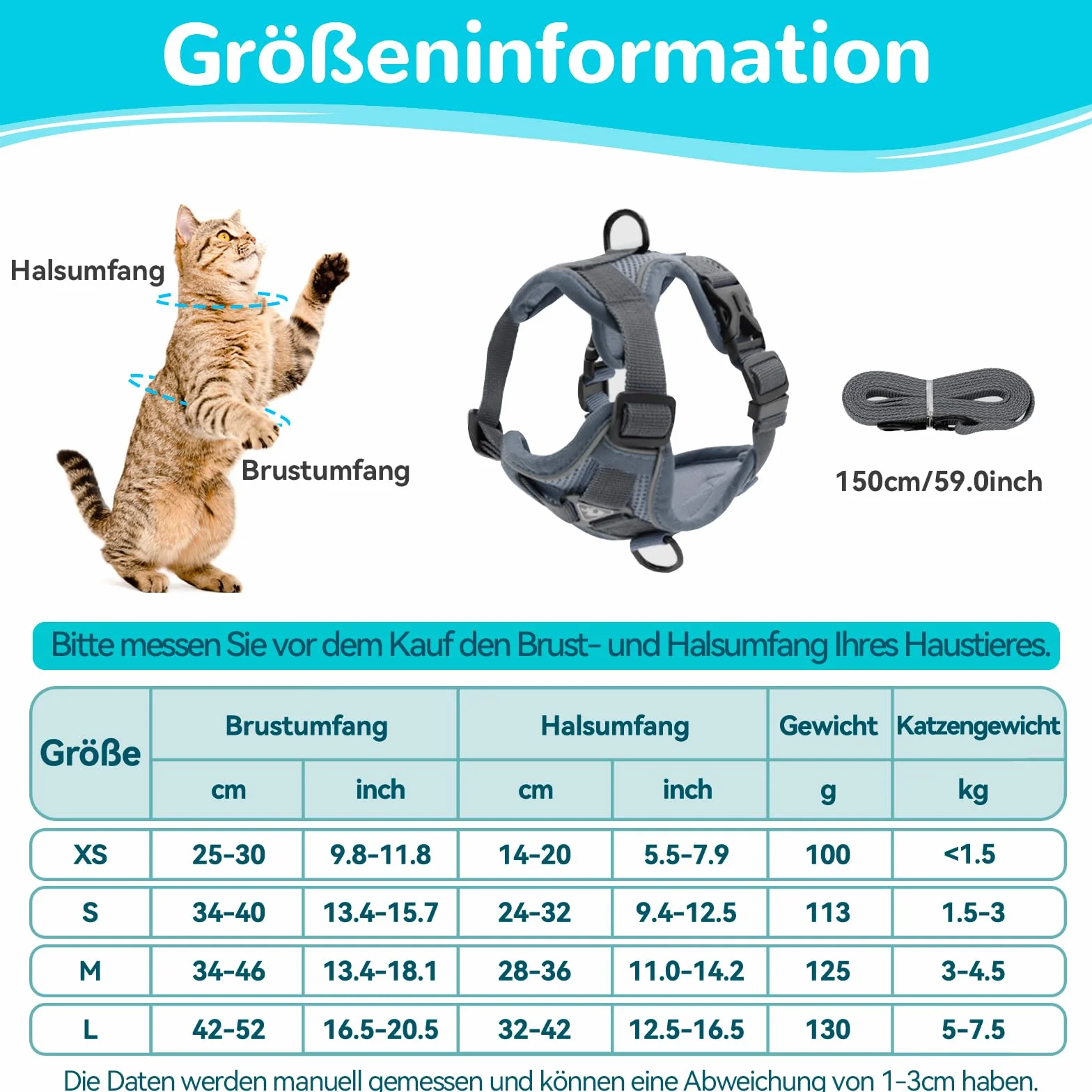 Grantop Harnais réglable anti-éclatement pour chat avec laisse Gris M