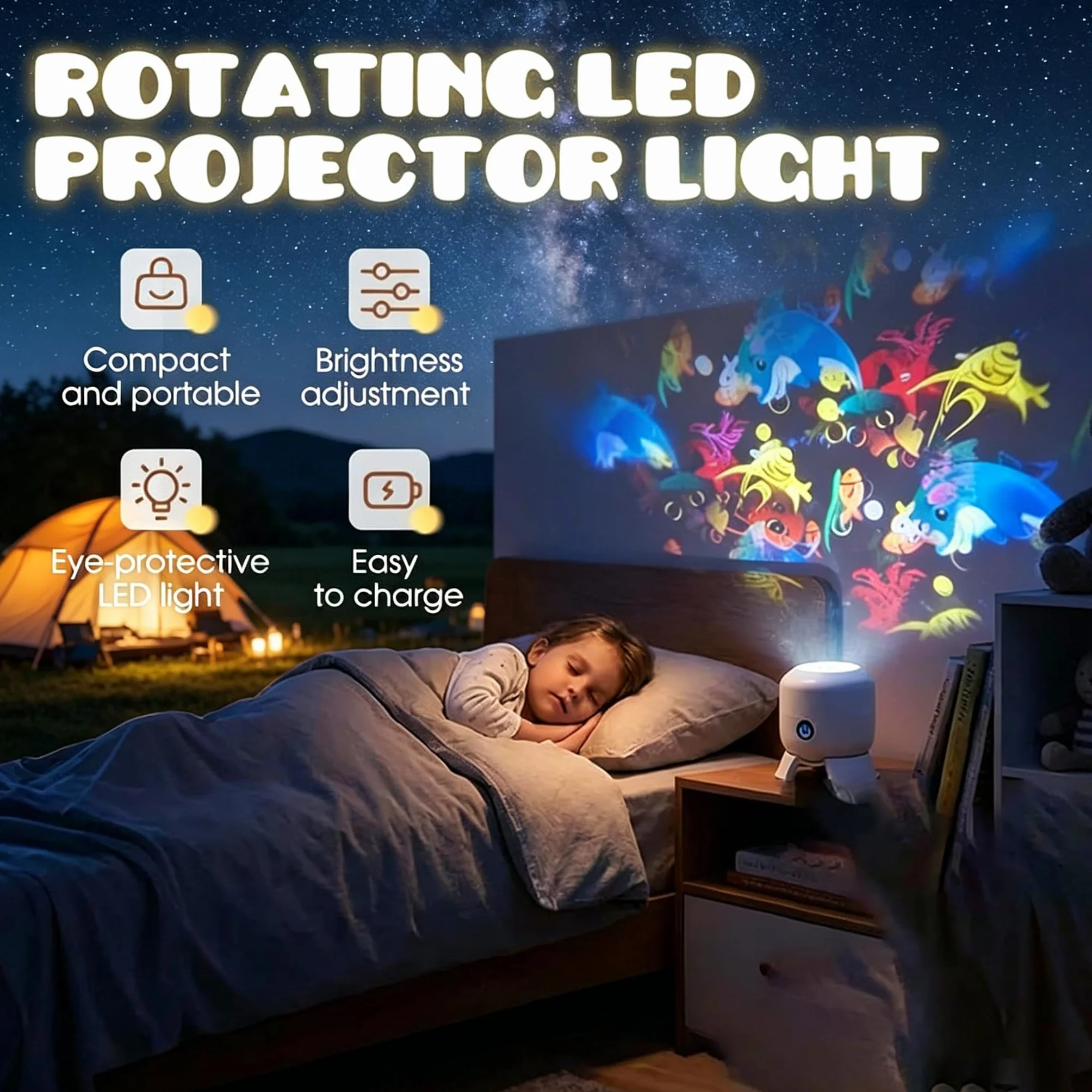 Projecteur LED rotatif 360° USB, lumière nocturne flocon de neige/océan, lumière d'ambiance LED à intensité variable