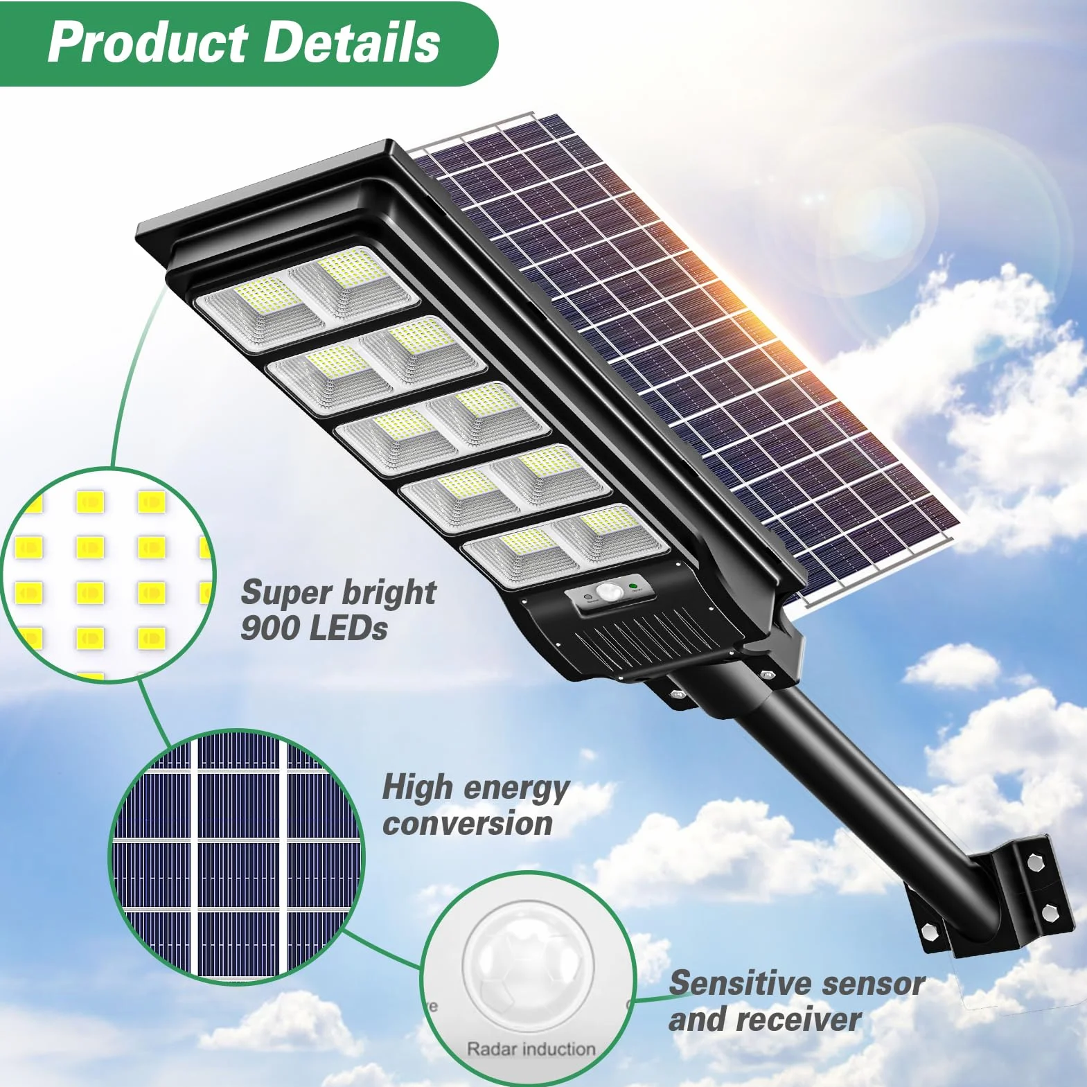 Papasbox Lampadaire Solaire Exterieur LED 500W avec Télécommande Détecteur de Mouvement 6500K