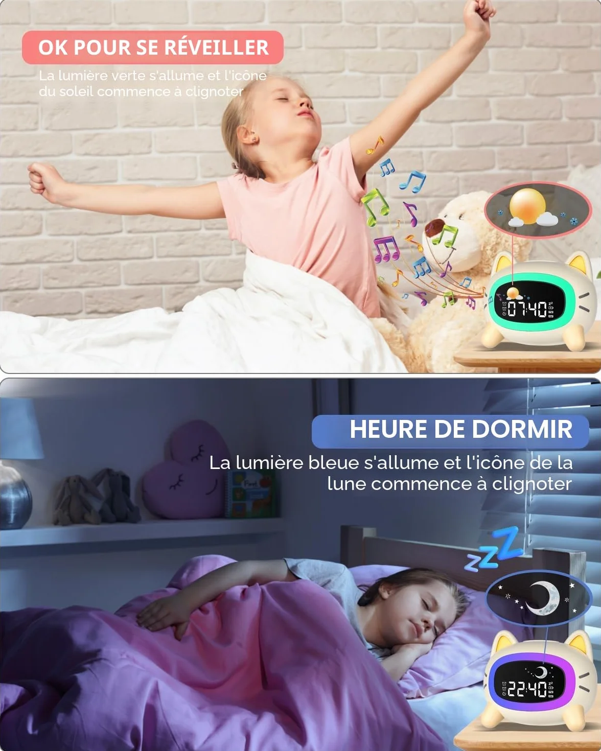 Réveils Lumineux pour Enfants avec 5 Veilleuses, 4 Niveaux de Lumière Réglables et 7 Musiques de Sommeil, Réveil Rechargeable avec Snooze