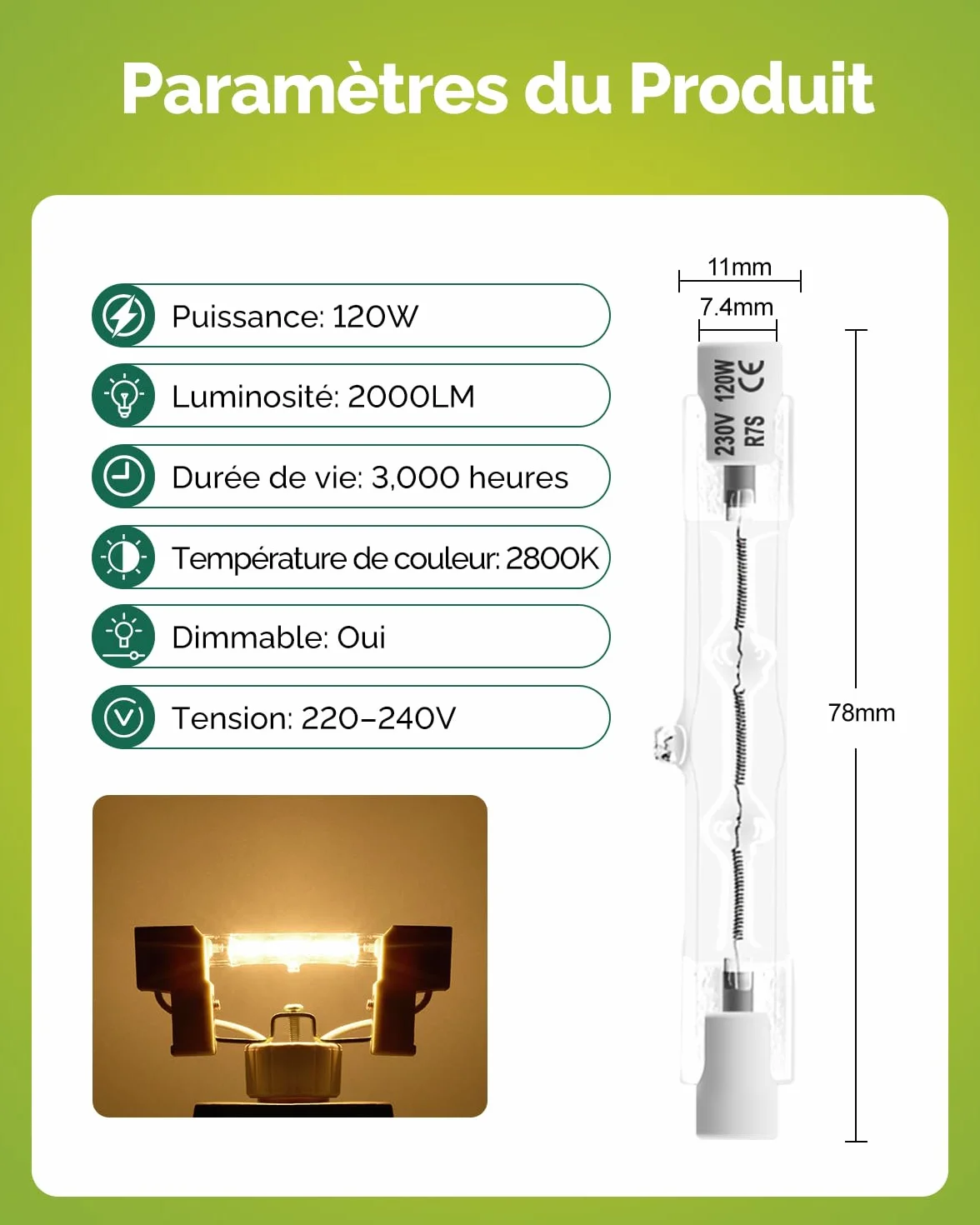 Lot 6 Ampoules R7s 78mm 120W Halogène 2000LM 2800K Blanc Chaud Dimmable J78