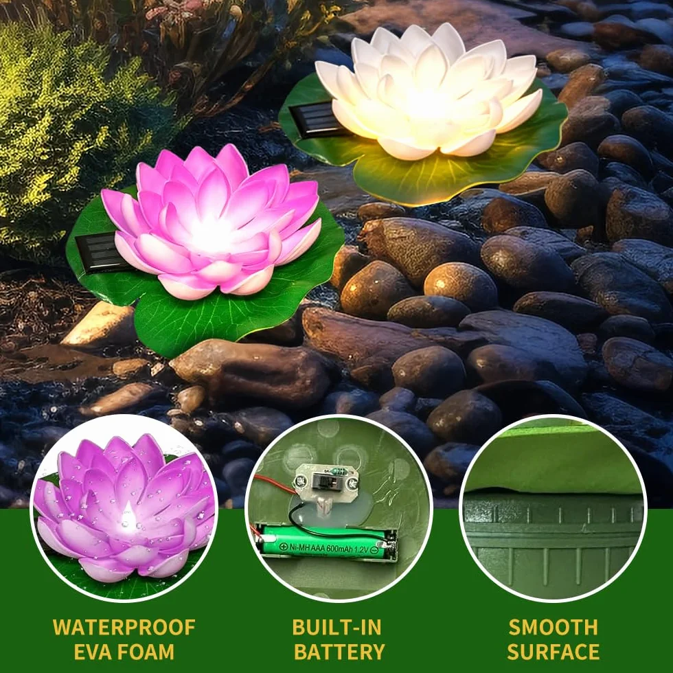 Lanterne Solaire Lotus LED Étanche - Lampe Flottante Piscine Bassin Jardin (Violet Blanc)