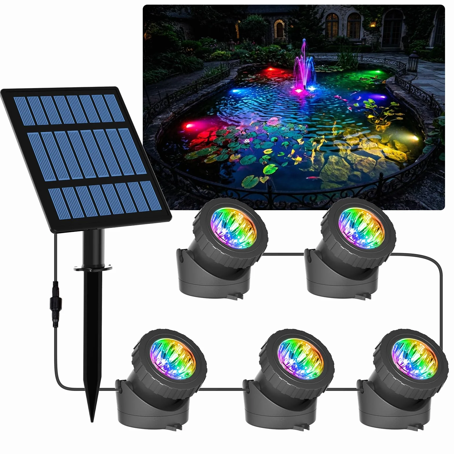 Lampe de Bassin Solaire 5 Packs Projecteurs LED Submersibles IP68 Étanche RGB Changement Couleur