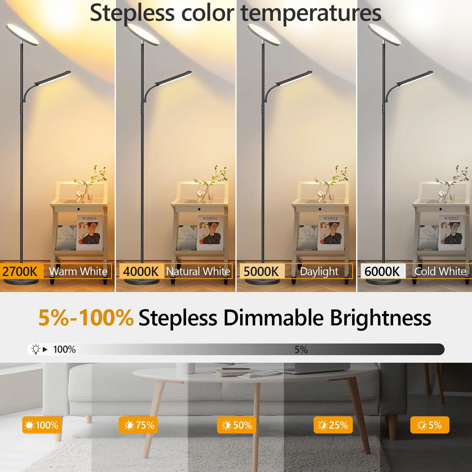 42W LED Lampadaire Dimmable 4000LM Super Lumineux Pied Salon avec Liseuse 2700K-6500K Télécommande Contrôle Tactile