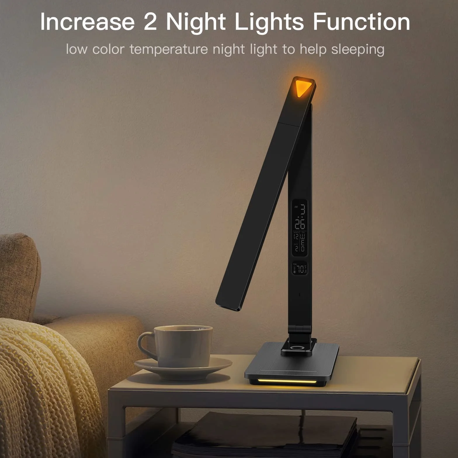 Lampe de Bureau LED Dimmable avec Chargeur Sans Fil 10W, Horloge, Veilleuse, Pliable