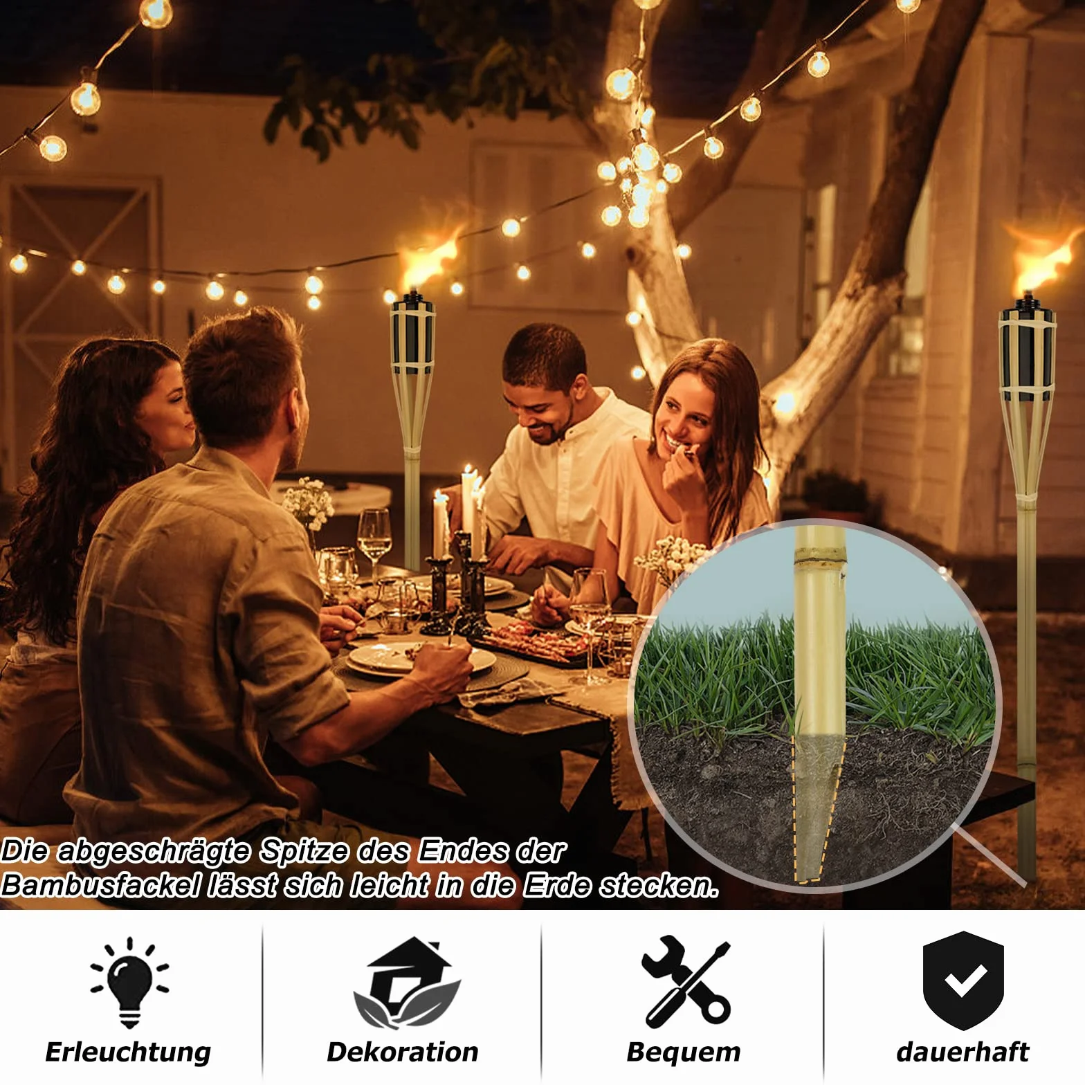 Lot de 12 Torches de Jardin en Bambou pour Extérieur - Torches à Huile avec Mèche, Hauteur 90 cm