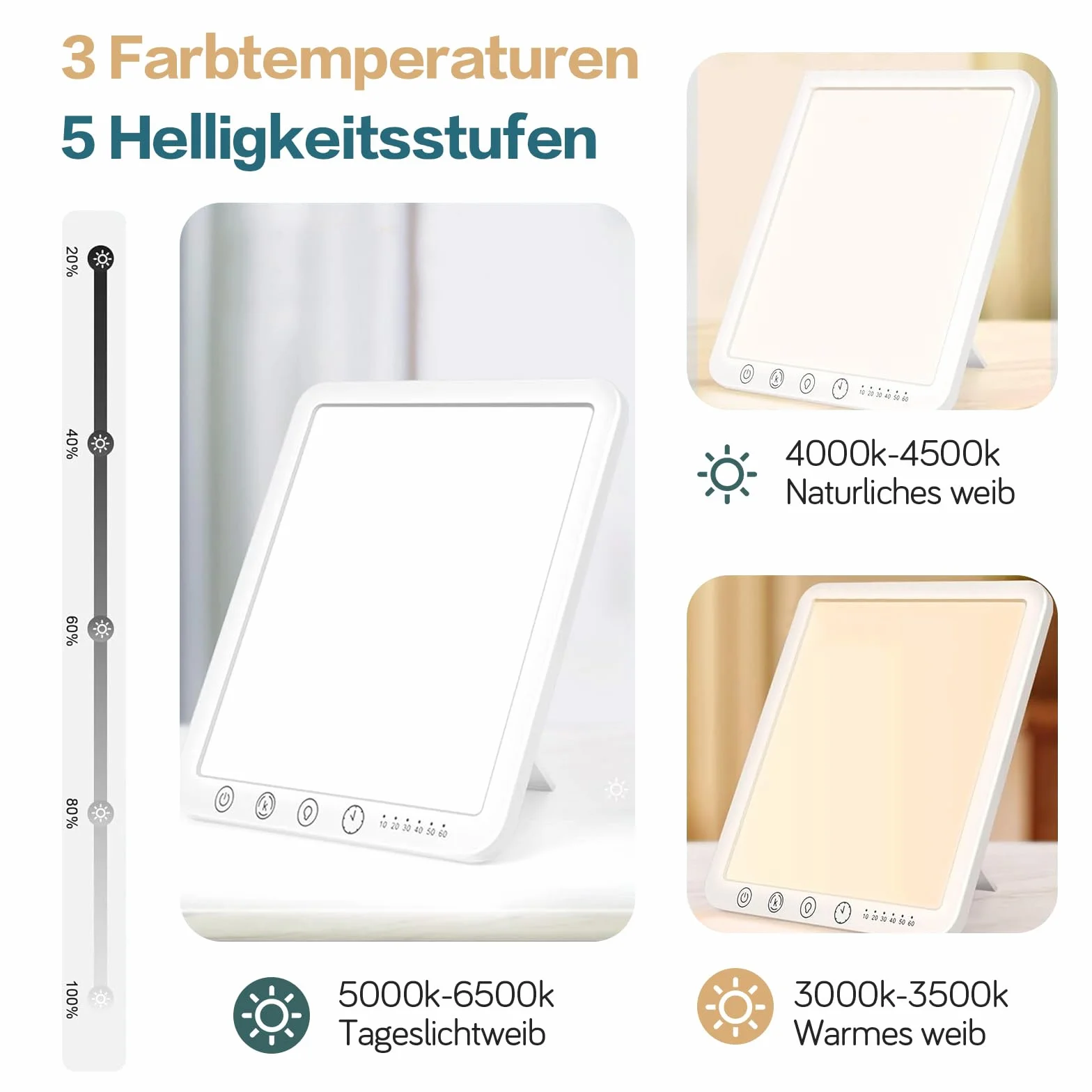Lampe de luminothérapie 15000 Lux Sans UV, 3 températures de couleur, 5 niveaux de luminosité, mémoire, support pliant 180°