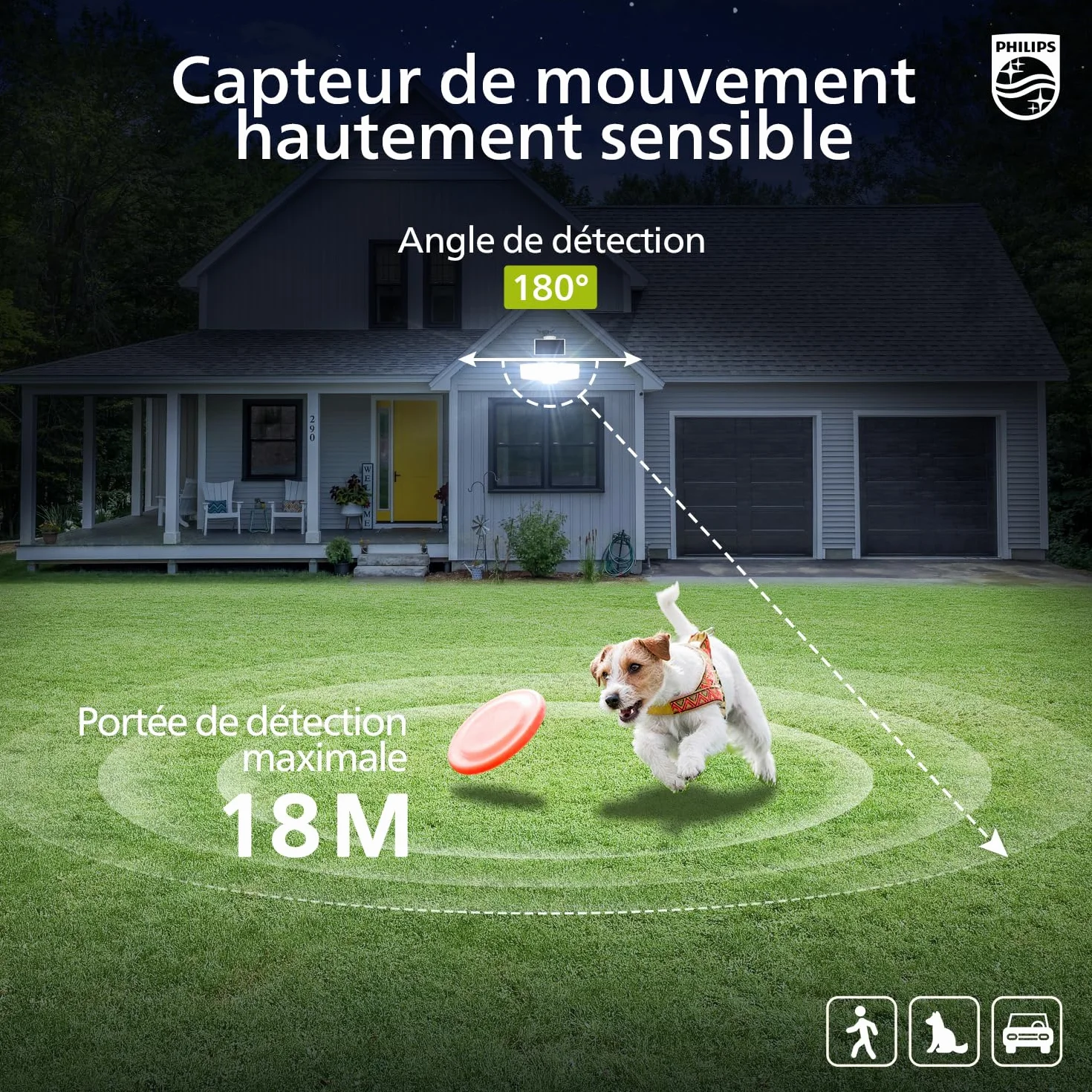 Philips Lampe de Sécurité Solaire LED 3600LM Extérieur Détecteur de Mouvement 3 Têtes Orientables