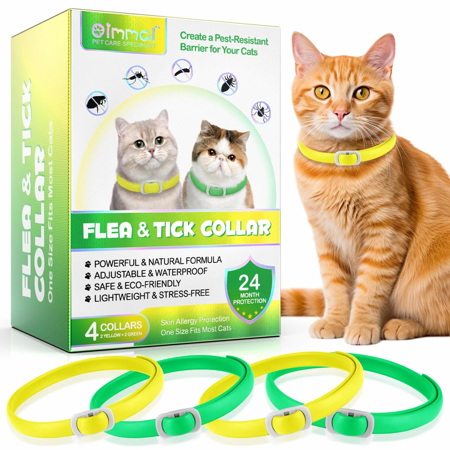 Collier pour Chat Imperméable Anti-Puces et Tiques, Ensemble de 4, Protection 24 Mois