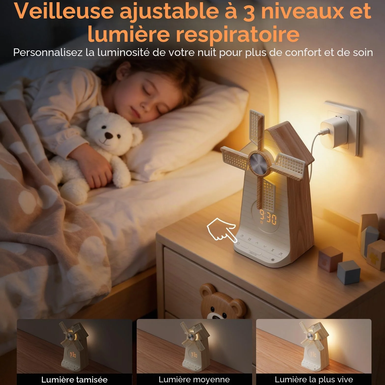 RETEYUNG Réveil avec veilleuse enfant à moulin à vent rotatif, simulateur d'aube, Alarme LED avec snooze