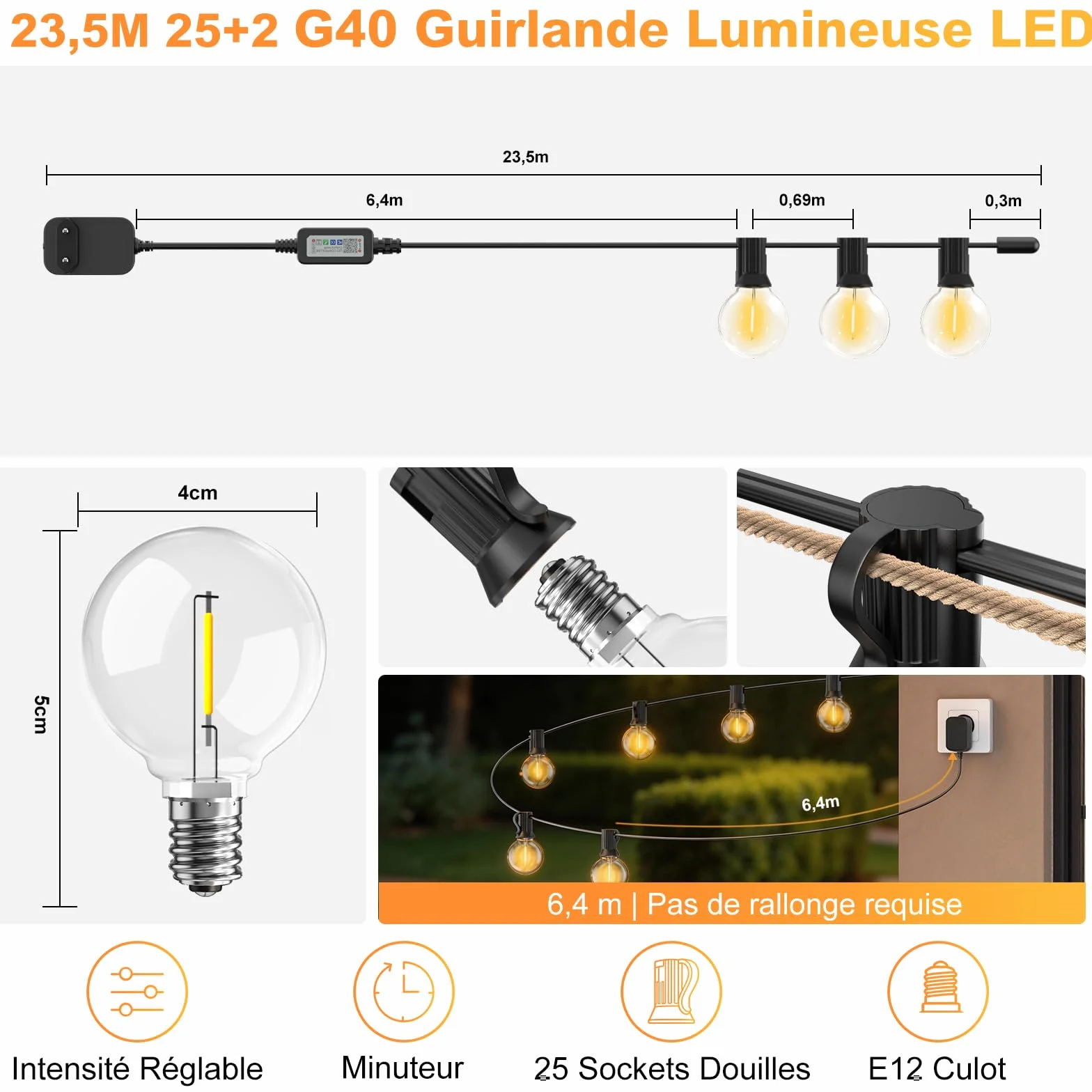 Guirlande Lumineuse Exterieur 23,5M 25+2 Ampoules APP Contrôle Télécommande Dimmable Étanche
