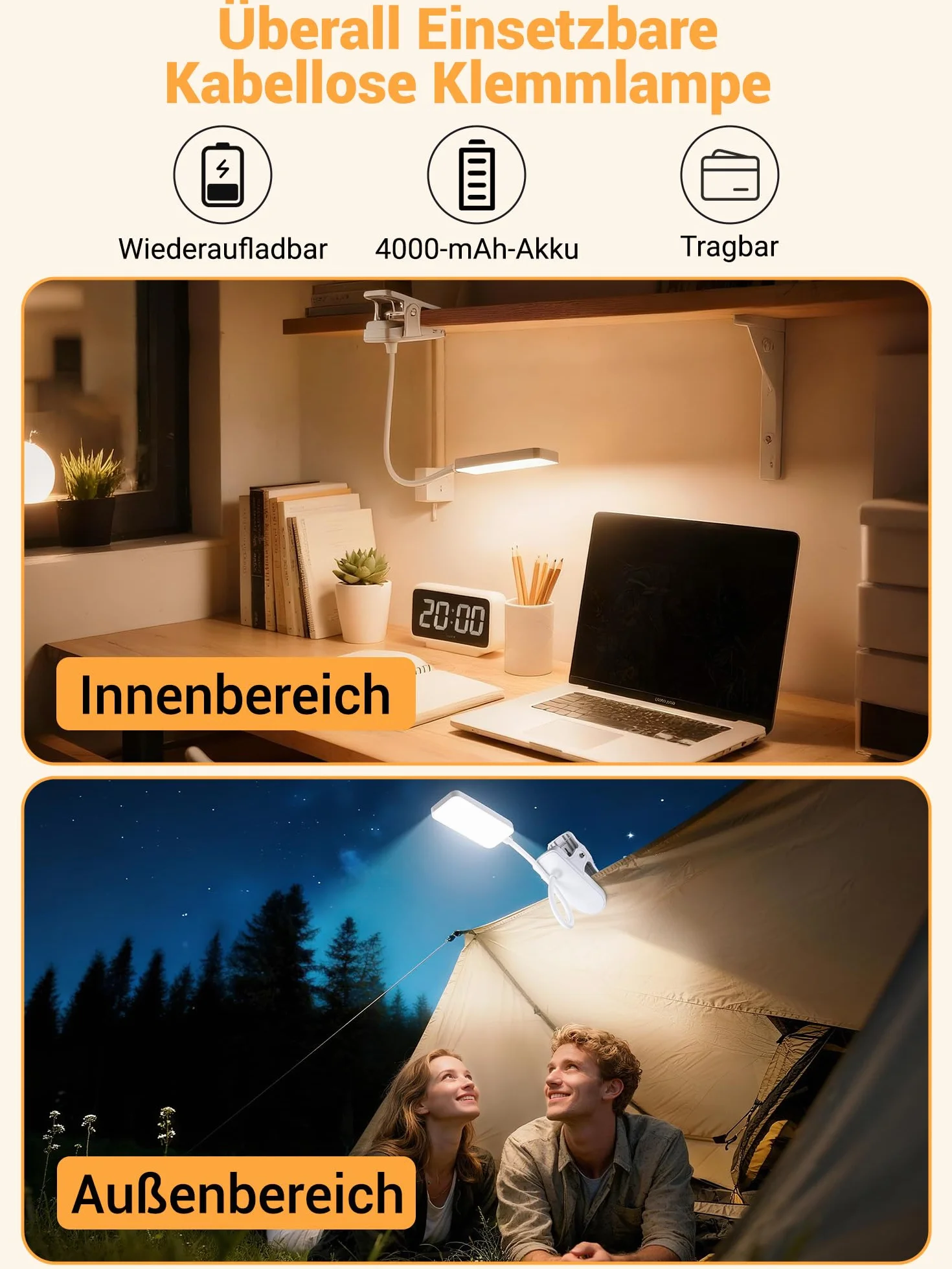 Lampe de Lecture à Pince 5 Couleurs 9 Luminosité Lampe LED Rechargeable 4000mAh 450 Lumen Sans Fil Flexible