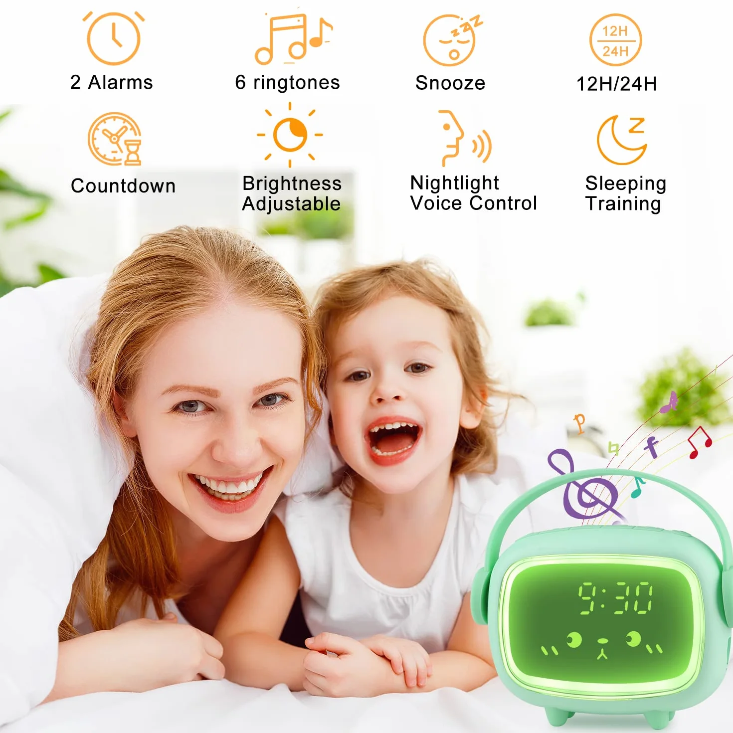 Edillas Réveil Enfants Fille Garcon Digital, Multifonctionnel Veilleuse, Snooze, Compte à Rebours, 6 Sonneries Rechargeable Luminosité Réglable