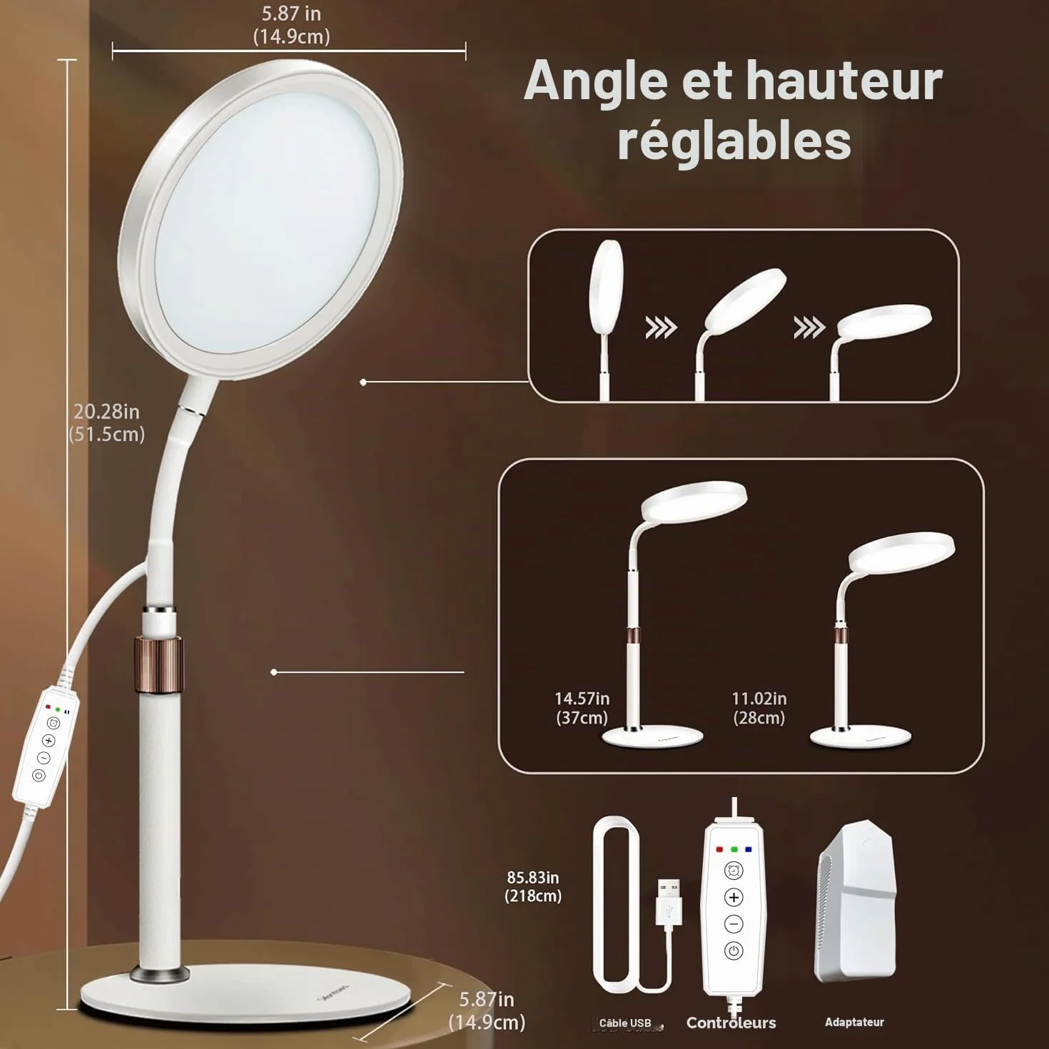 Lampe Lumière du Jour 10000 Lux, Lampe de Bureau avec Col de Cygne 360°, 3 Couleurs, 9 Luminosités, Minuterie 15/30/45 Min (Blanc)
