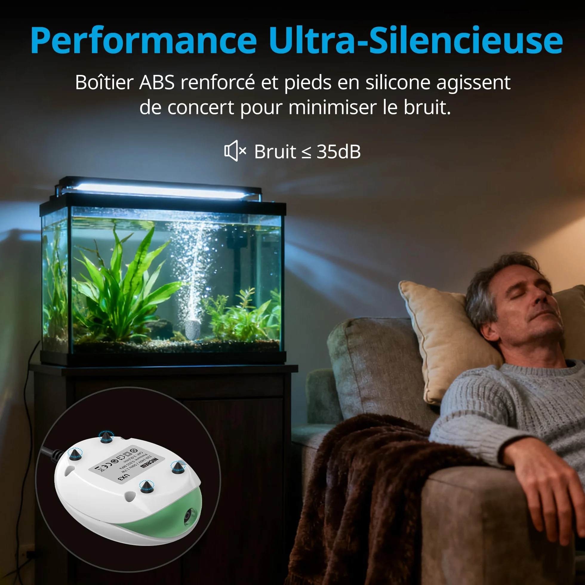 NICREW Pompe à Air Aquarium Ultra-Silencieux 150 L 1,7 W <35 DB avec Pierre à Bulles