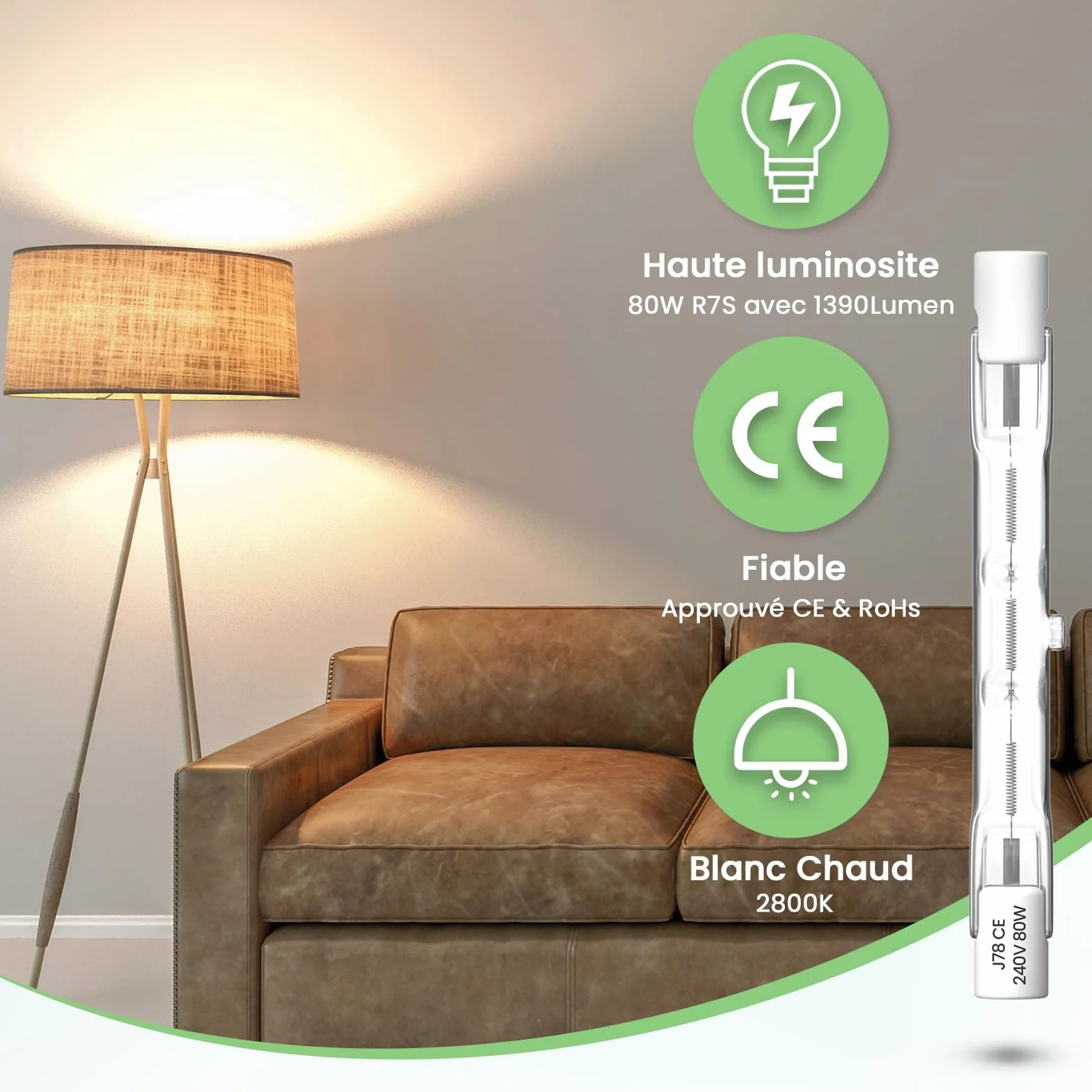 Żarówka Halogenowa R7S 78mm 80W 2800K Dimmable, J78 Double Base, Zestaw 2 szt.