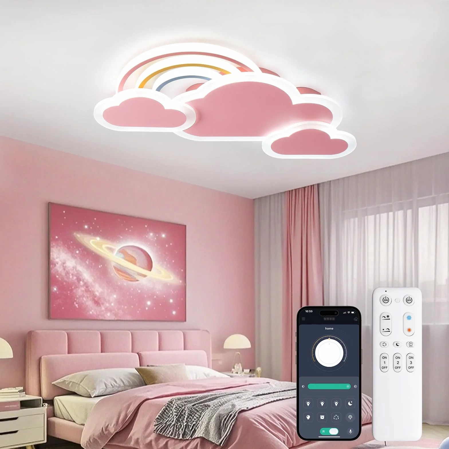 Plafonnier LED Enfant 30W 55cm Nuages Arc-En-Ciel Dimmable Télécommande APP Rose