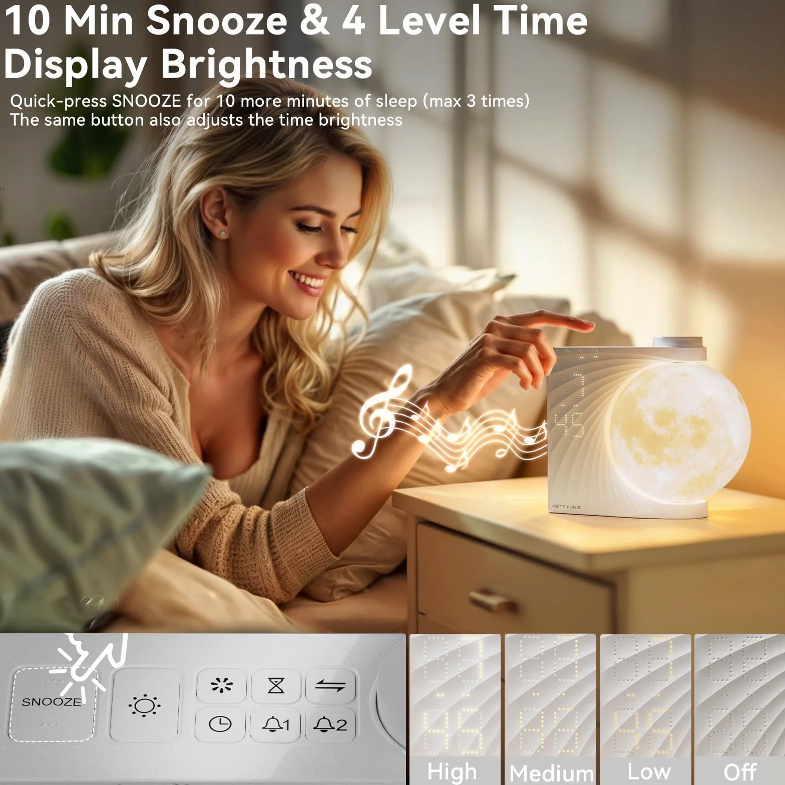 Lampe de Lune avec Réveil Lumineux, 2 Réveils, RGB 8 Couleurs, 10 Sons Naturels, Veilleuse 3 Niveaux