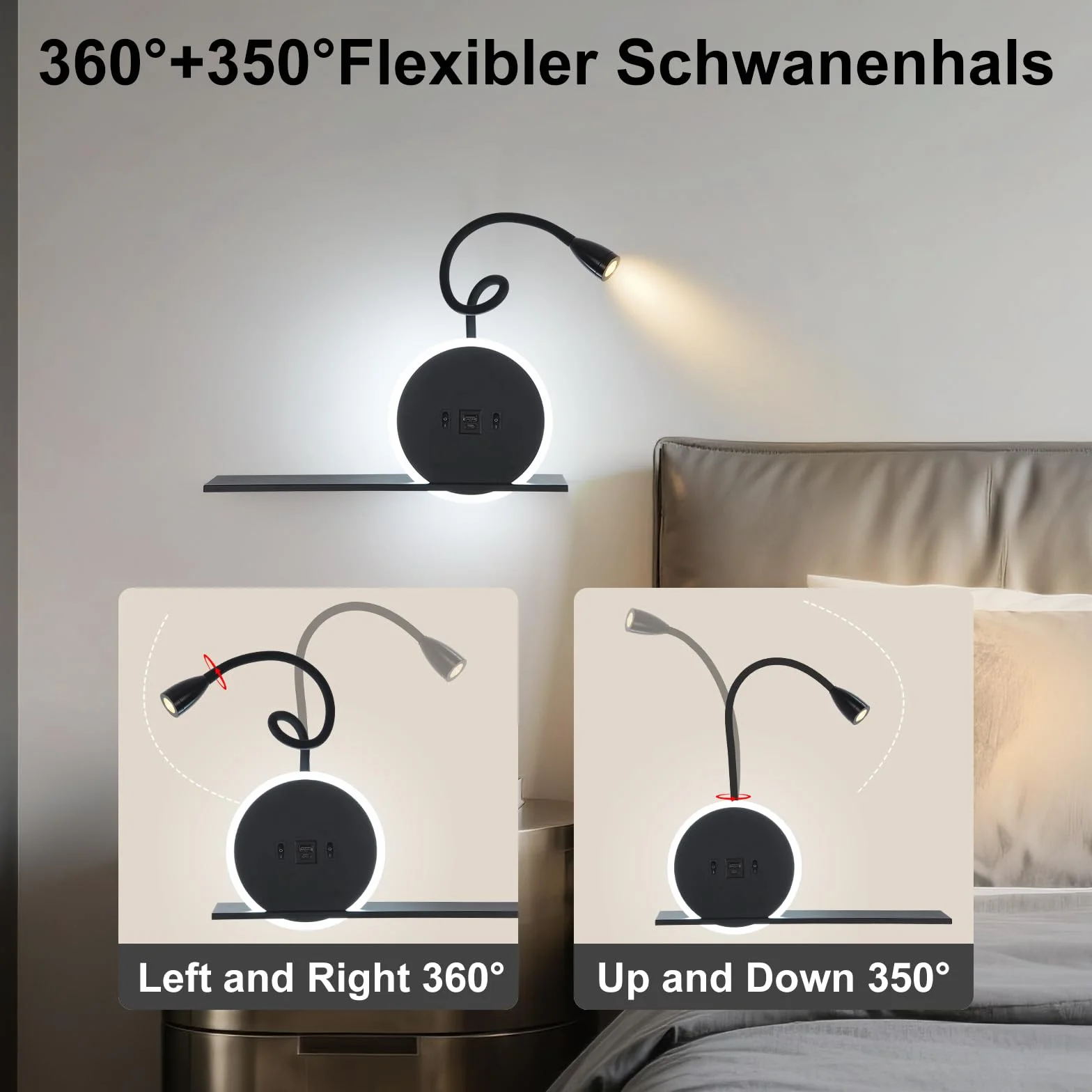 Lampe de chevet LED 2 pièces avec interrupteur, port USB-C, 3W 3000K + 9W 6000K, applique tête de lit noir