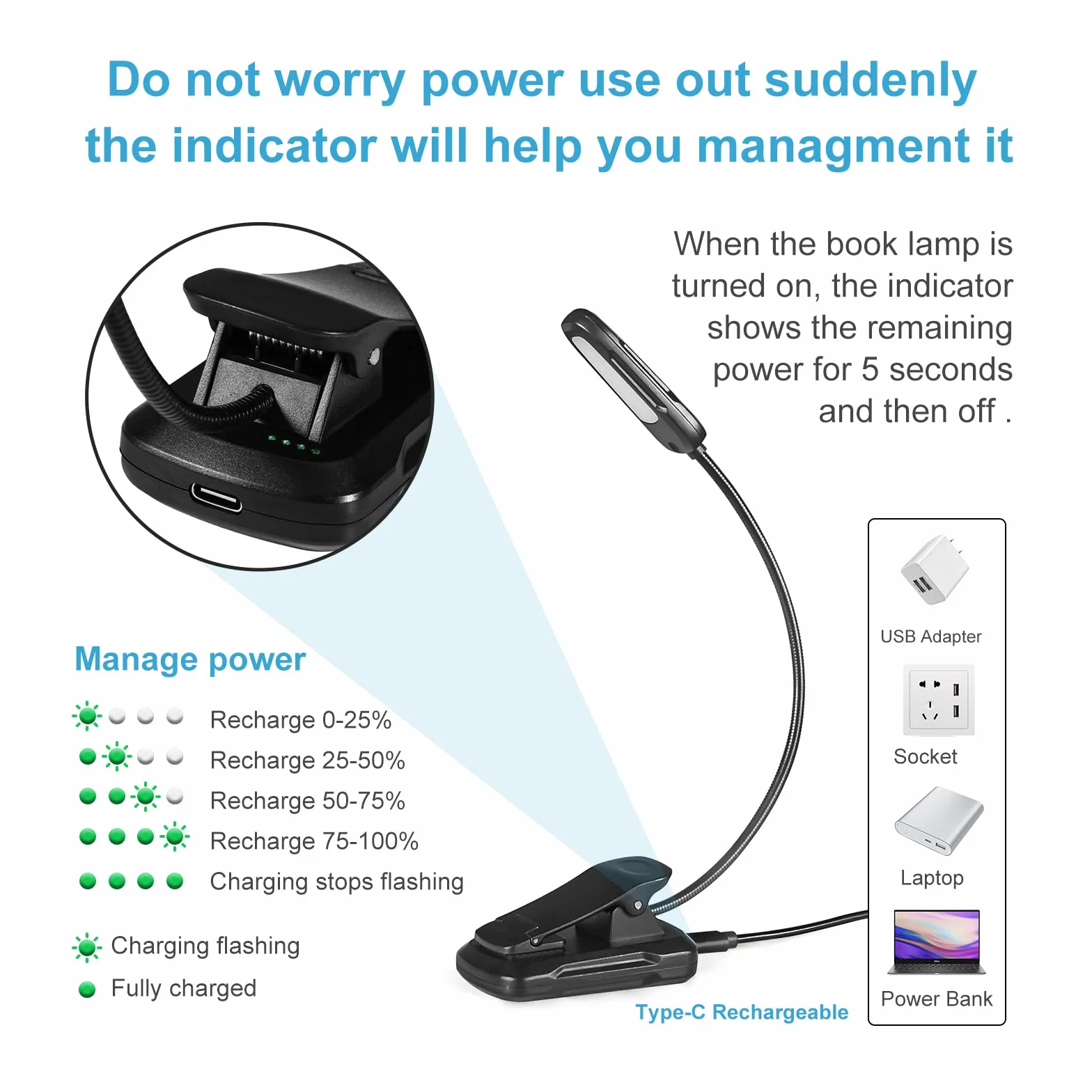 Diboniur Lampe de Lecture LED Rechargeable, 3 Modes de Luminosité 3 Couleurs, 360° Cou Flexible pour Livre au Lit Voyage