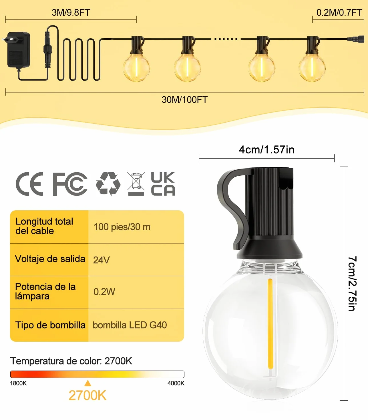 Guirlande Lumineuse LED Exterieur 30M G40 IP44 Étanche Jardin Terrasse Balcon