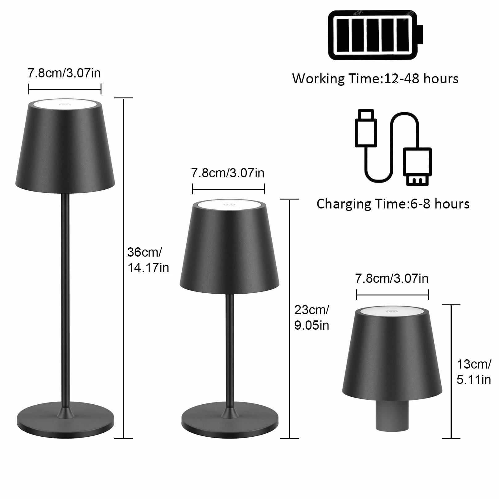 Lampe de table LED sans fil rechargeable 3000K IP54 réglable en hauteur Noir