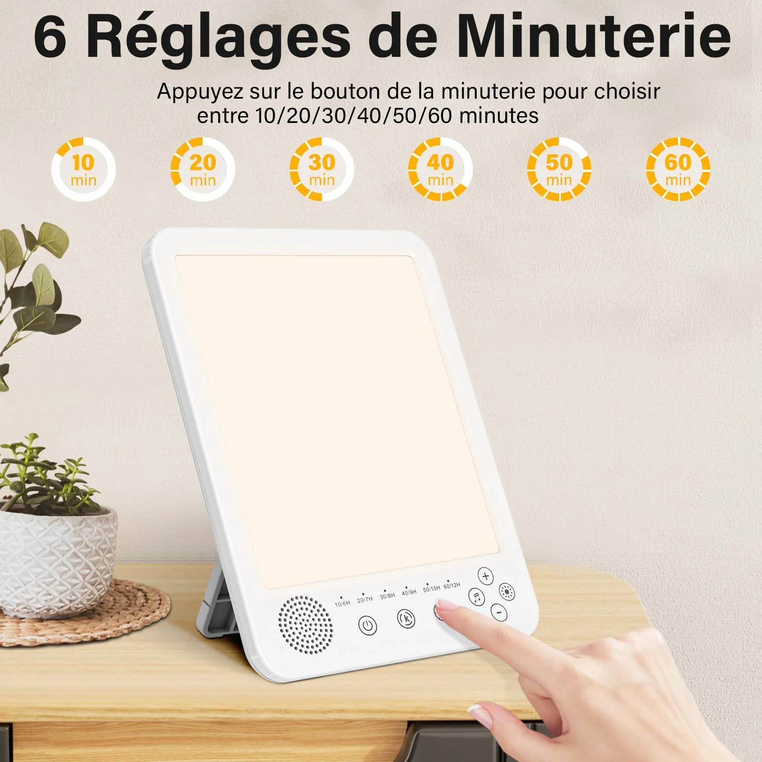 Lampe de luminothérapie 10000 Lux Sans UV Simulation de Lumière du jour avec Bruit Blanc, 3 Températures de Couleur, 5 Niveaux de Luminosité, 6 Minuterie, Fonction de Mémoire, Mode de Réveil