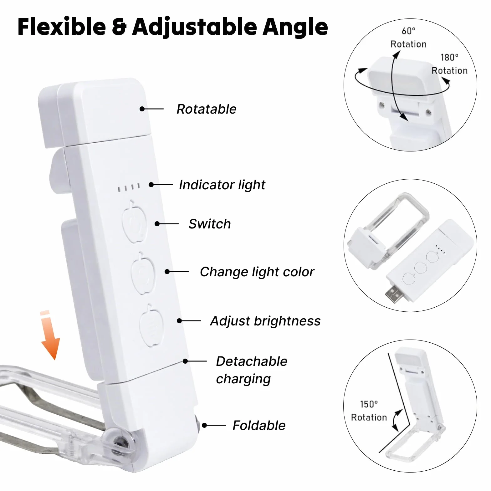 Lampe de Lecture Rechargeable à Clip, 3 Températures × 5 Niveaux, Batterie 500 mAh USB