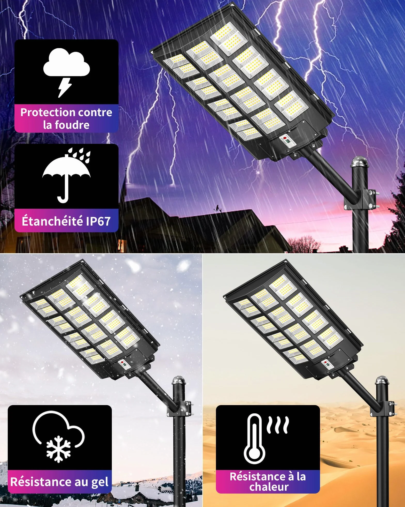 Gefolly SL-1600W Solaire Exterieur Lampadaire 216000LM 6500K IP67 Projecteur Solaire Exterieur