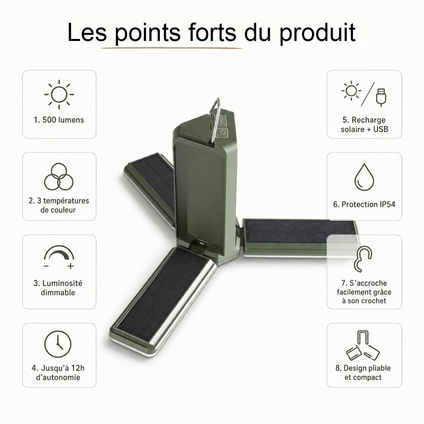 Lampe Parasol LED 500lm Éclairage Extérieur Rechargeable USB Solaire 3 Températures de Couleur Résiste à l'Eau Jardin Terrasse