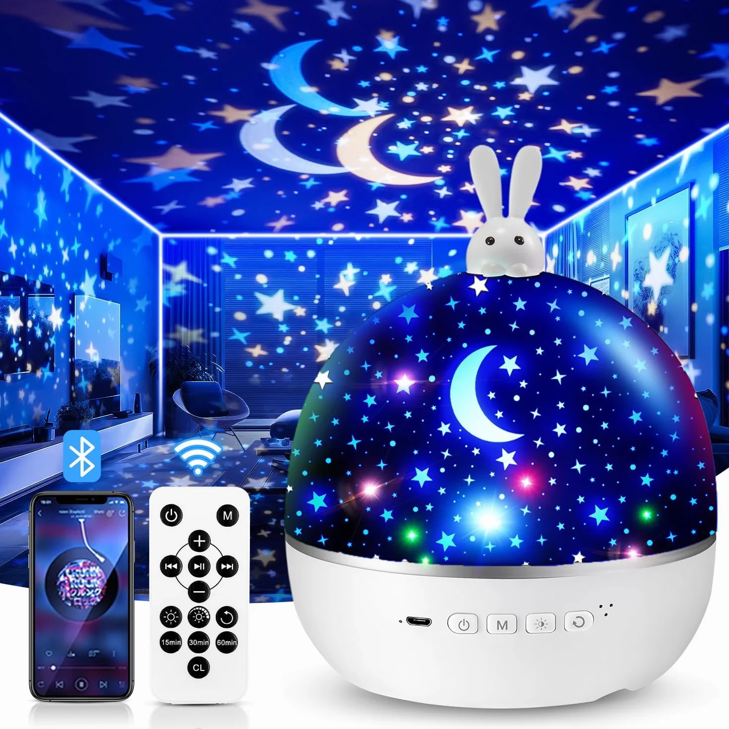 Veilleuse Bébé Projecteur Ciel Étoilé Bluetooth Musicale 360° Rotation Télécommandé